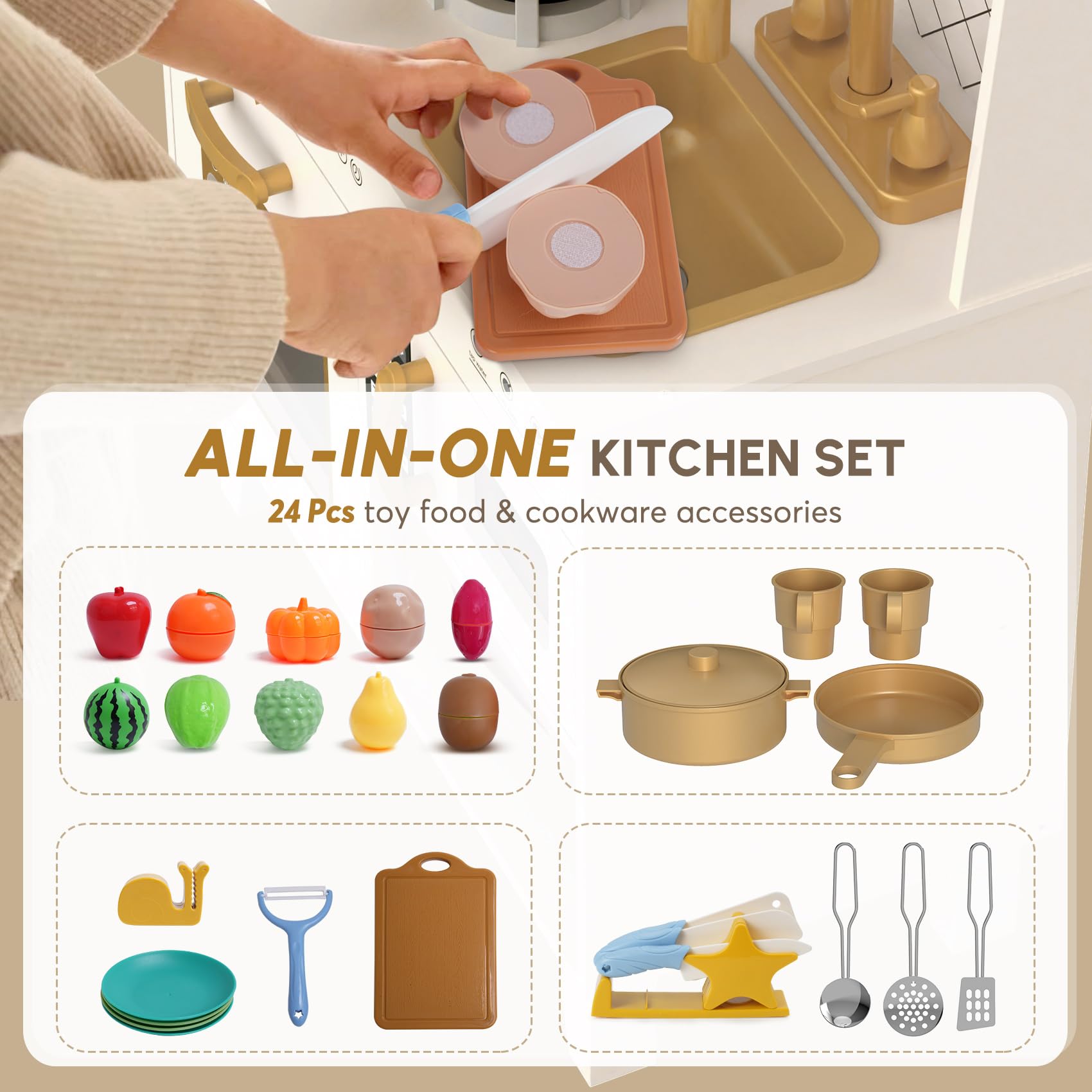 Wooden Play Kitchen with Lights and Sounds for Toddlers