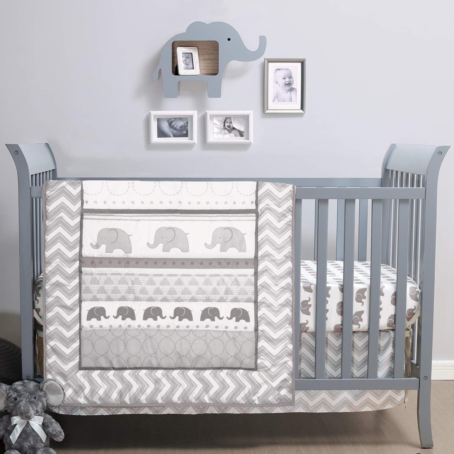The Peanutshell 3 Piece Baby Crib Bedding Set for Boys & Girls - Newborn, Infant & Toddler Nursery Bed Set Decor with Fitted Crib Sheet, Dust Ruffle Comforter - Elephant Walk