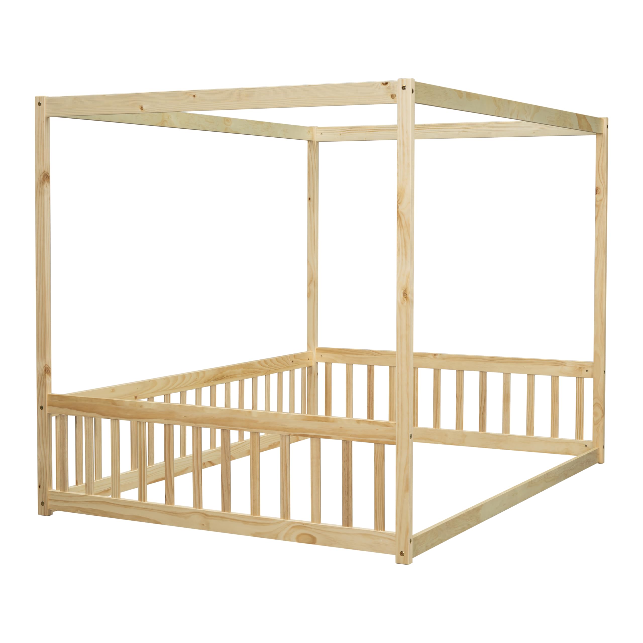 Full Size Canopy Bed Frame with Guardrails for Kids,Floor Bed Full