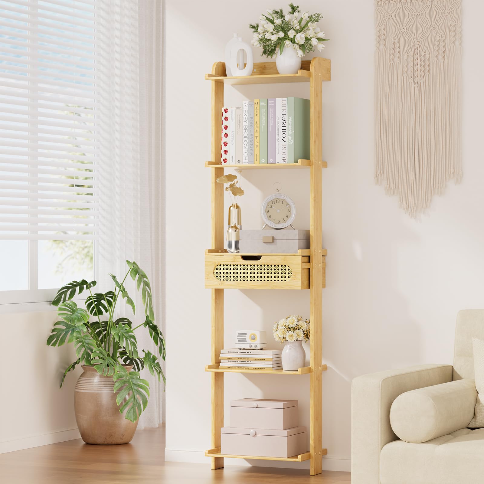 5-Tier Bamboo Ladder Shelf with Drawer