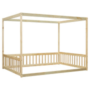 Full Size Canopy Bed Frame with Guardrails for Kids,Floor Bed Full