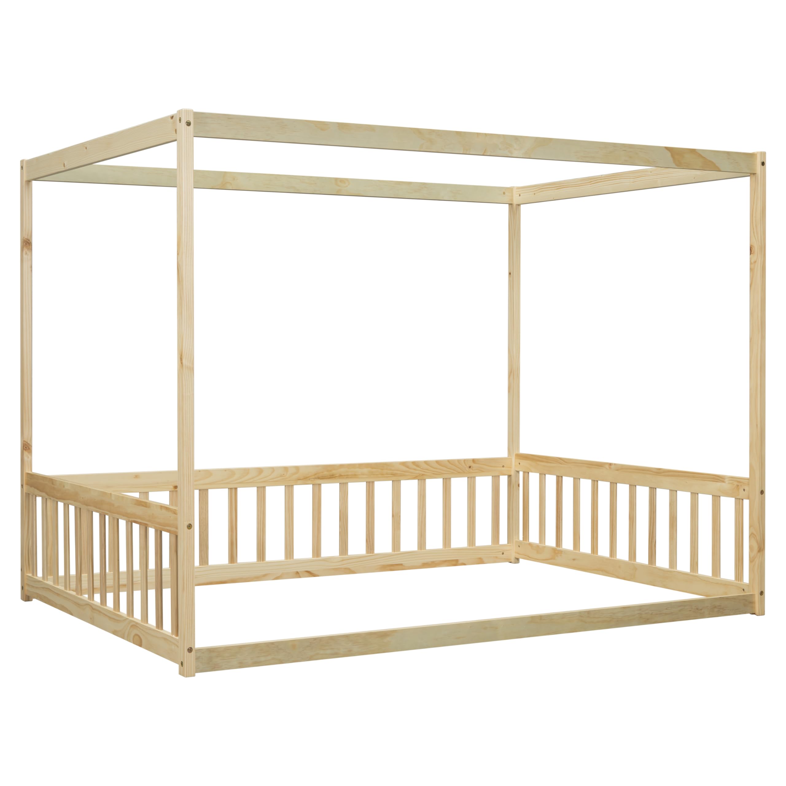 Full Size Canopy Bed Frame with Guardrails for Kids,Floor Bed Full