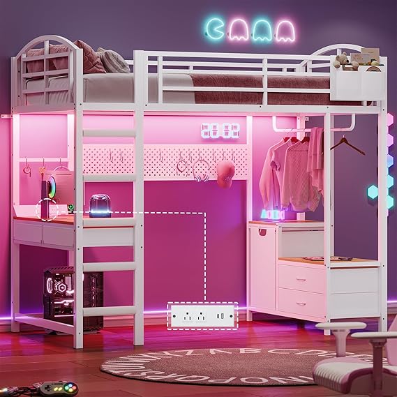 Loft Bed Twin Size with L Shape Desk,4 Drawers,3-Tier Storage Shelves Metal