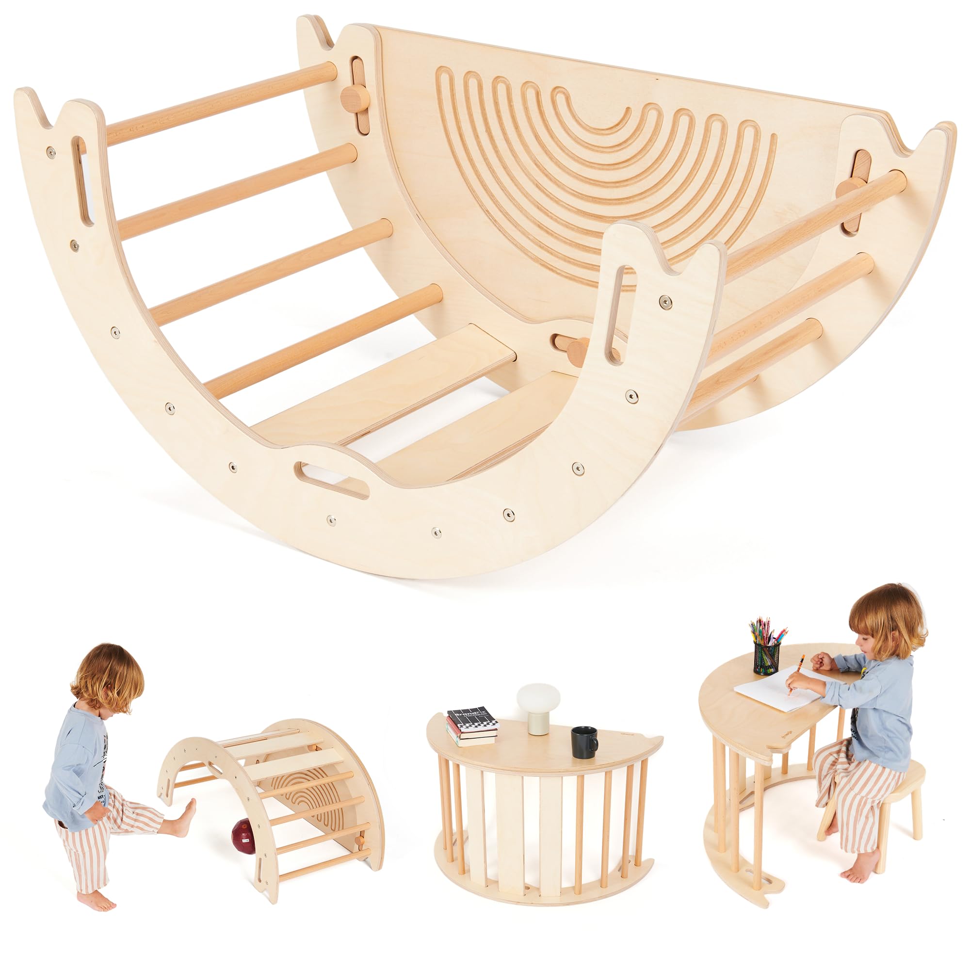 GROWGO Climbing Arch for Toddlers, Multiuse Montessori Climber, Toddler Rocker, Wooden Balance Board, Toy Storage, Easy to Assemble Play Gym - Detailed Guide Included, Perfect for Active Play