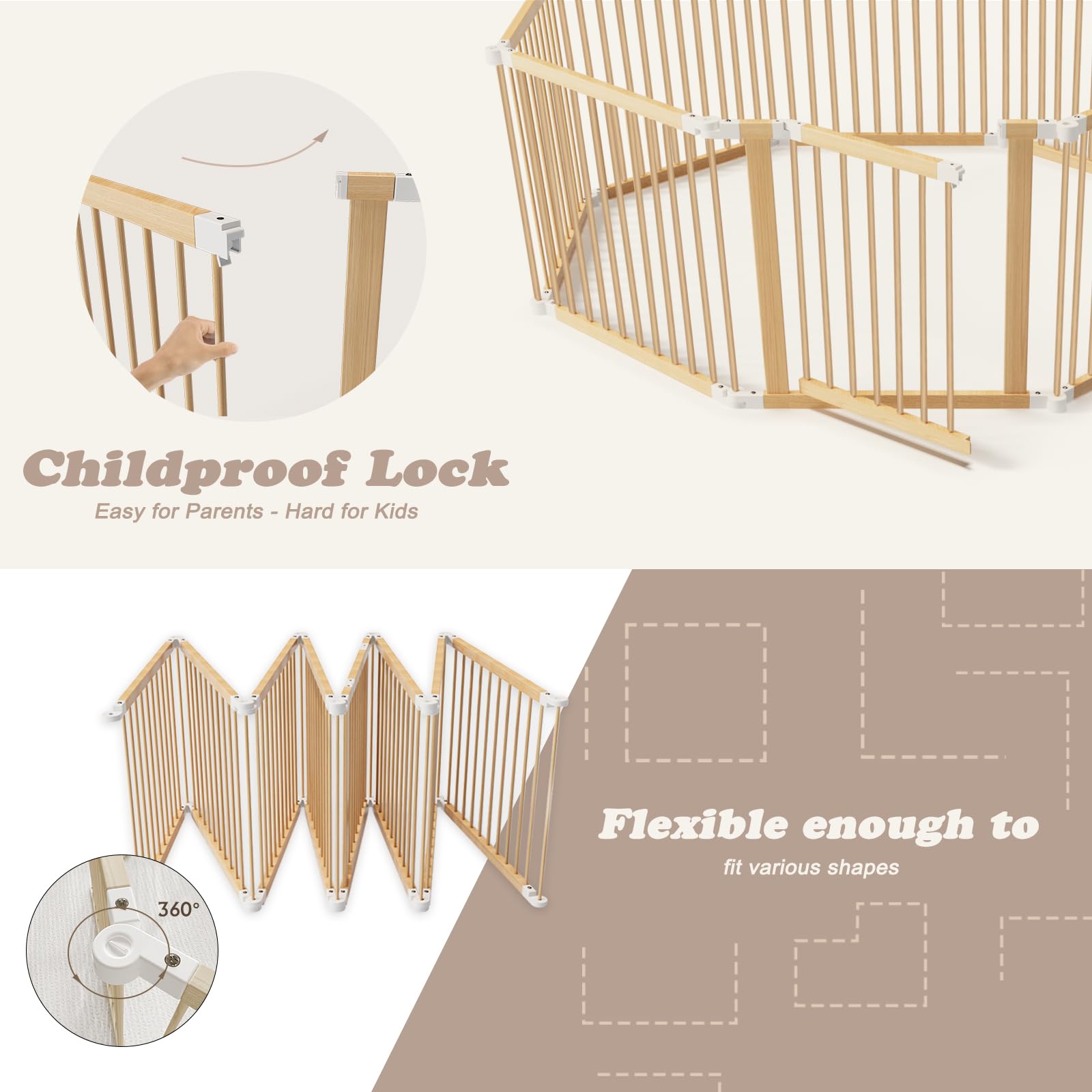 Foldable Wooden Baby Playpen 8 Panel Safety Gate