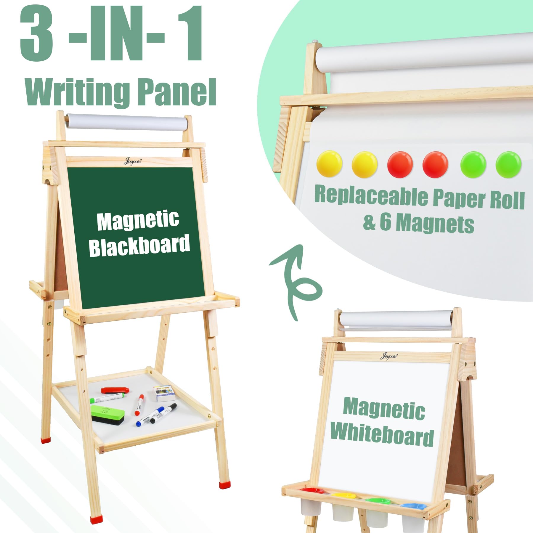 Joyooss Art Easel for Kids with Double-Sided Magnetic, Wooden Standing Kids Easel with Dry Erase Whiteboard & Chalkboard, Height Adjustable Children Easel with Paper Roll, Bonus Toddler Art Supplies