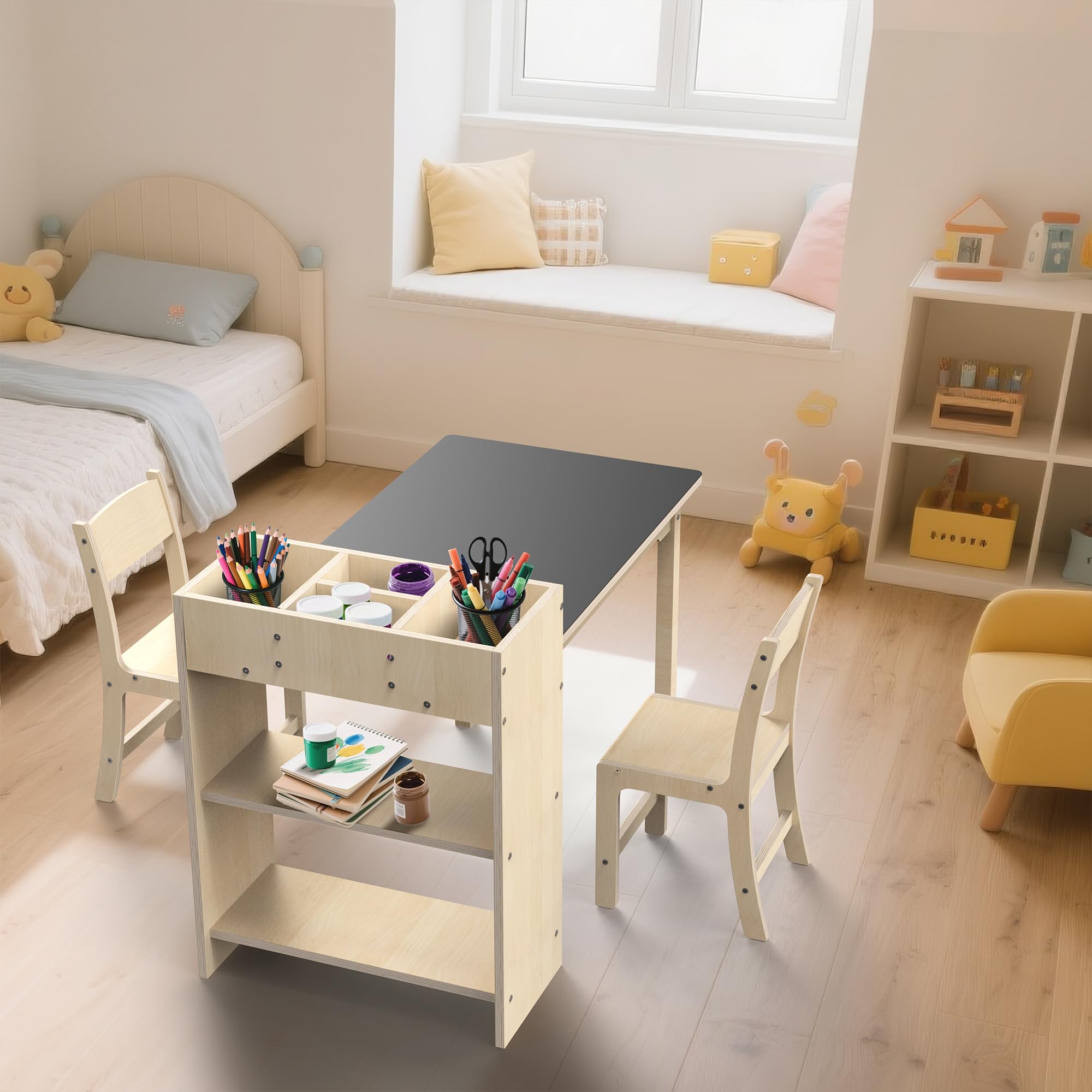 Beech Wood Kids Art Table and Chair Set with Storage