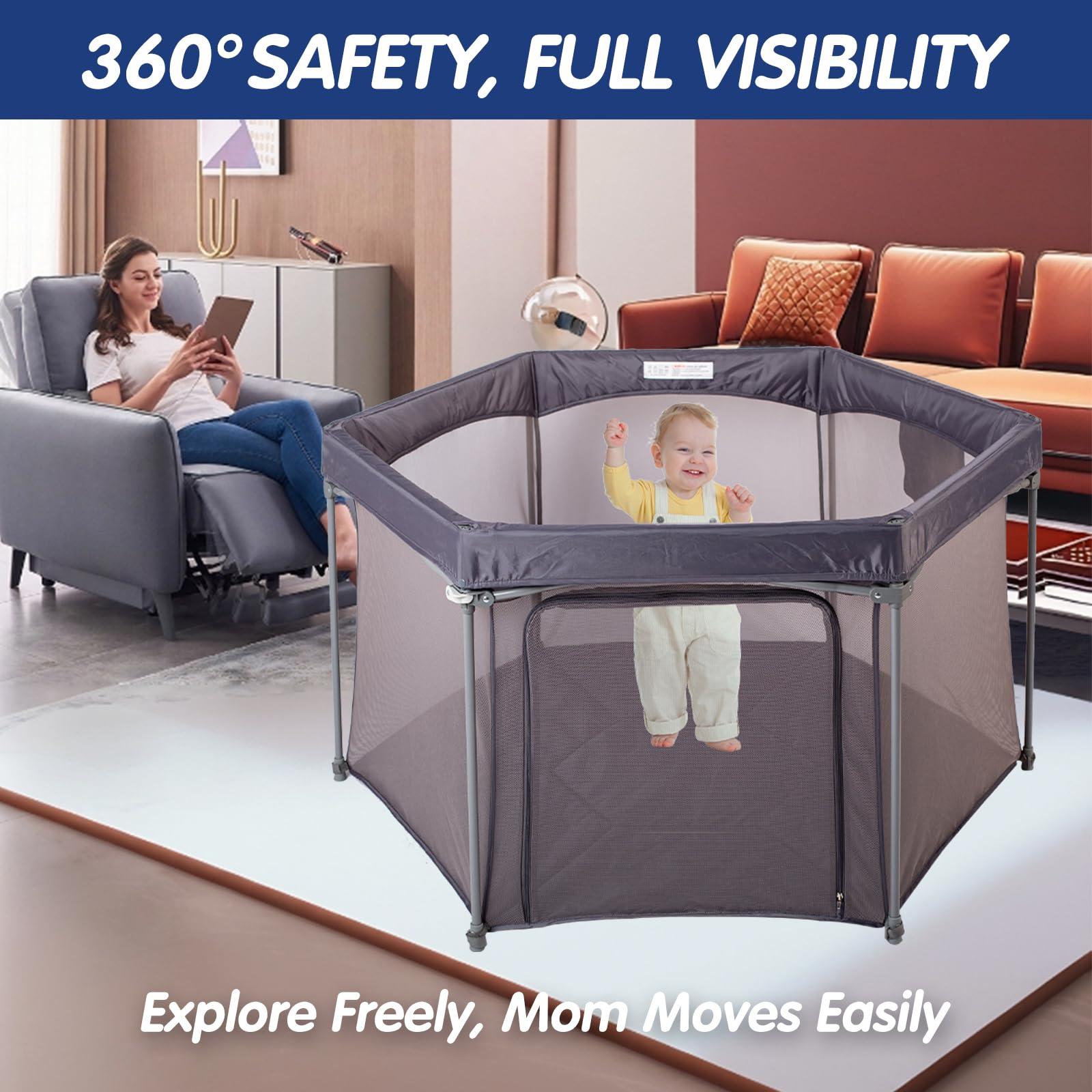 Baby Playpen with Breathable Mesh - Portable Foldable Play Yard