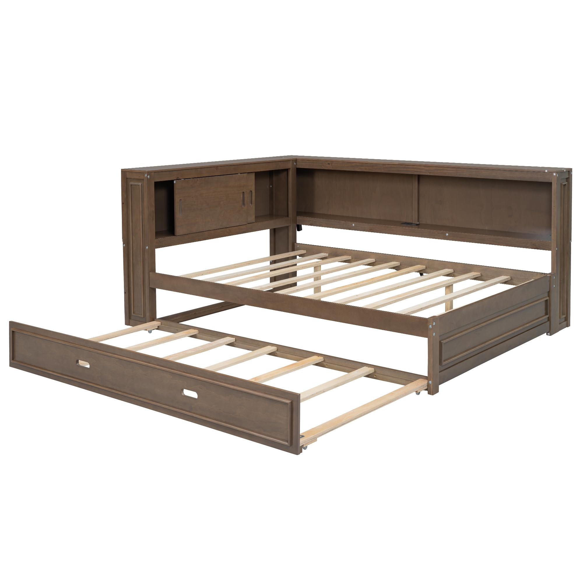Full Size Wood Daybed with Twin Trundle and Storage Shelves