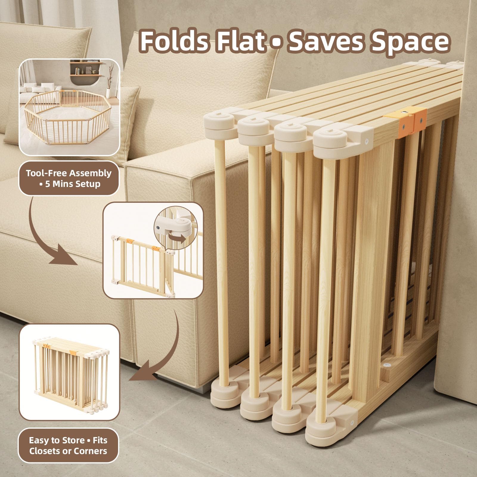 Wooden Baby Playpen with Gate 8 Panels