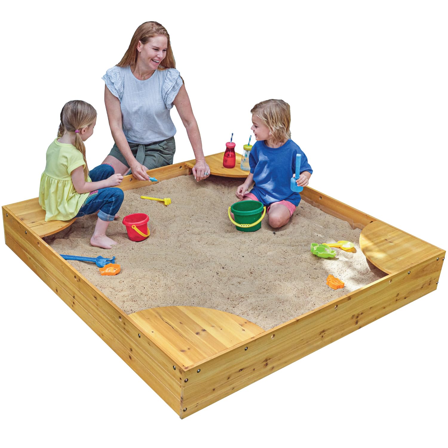 Wooden Backyard Sandbox with Built-in Corner Seating and Mesh Cover