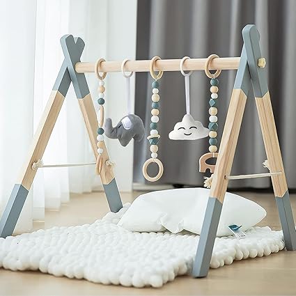 Wooden Baby Play Gym with Mat, Foldable Baby Play Gym Frame Activity Gym Hanging