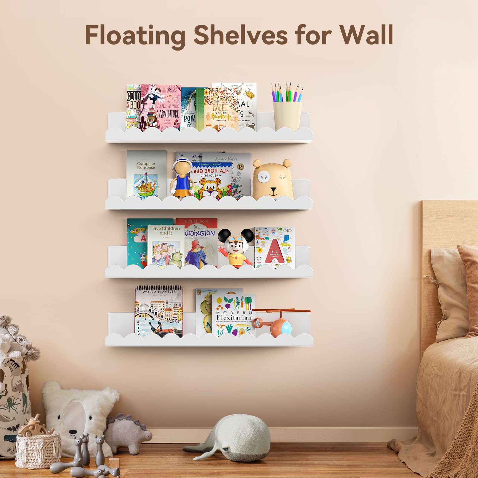 17 Inch Metal Floating Wall Shelves 4 Pack Scalloped Nursery Book Shelf