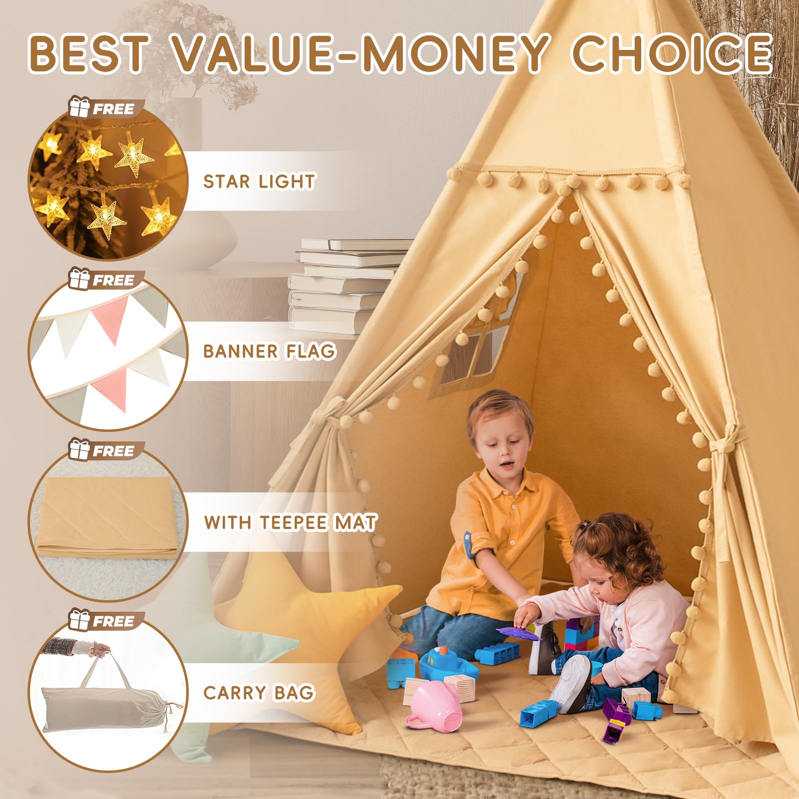 WIRHAO Teepee Tent for Kids with Mat, Cotton Canvas Kids Teepee with Pompom for Toddlers Indoor Play Tent for Girls Boys with Stars Lights, Carry Bag, Banner Flag (Khaki)