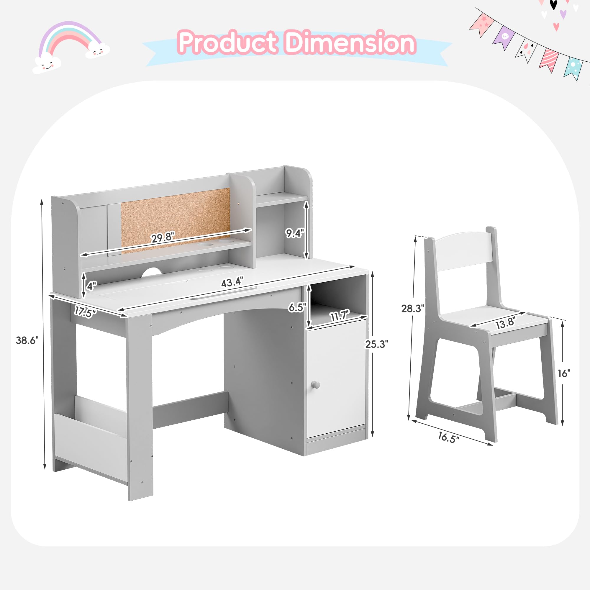 Kids Study Desk with Chair Tiltable Desktop Storage Cabinet