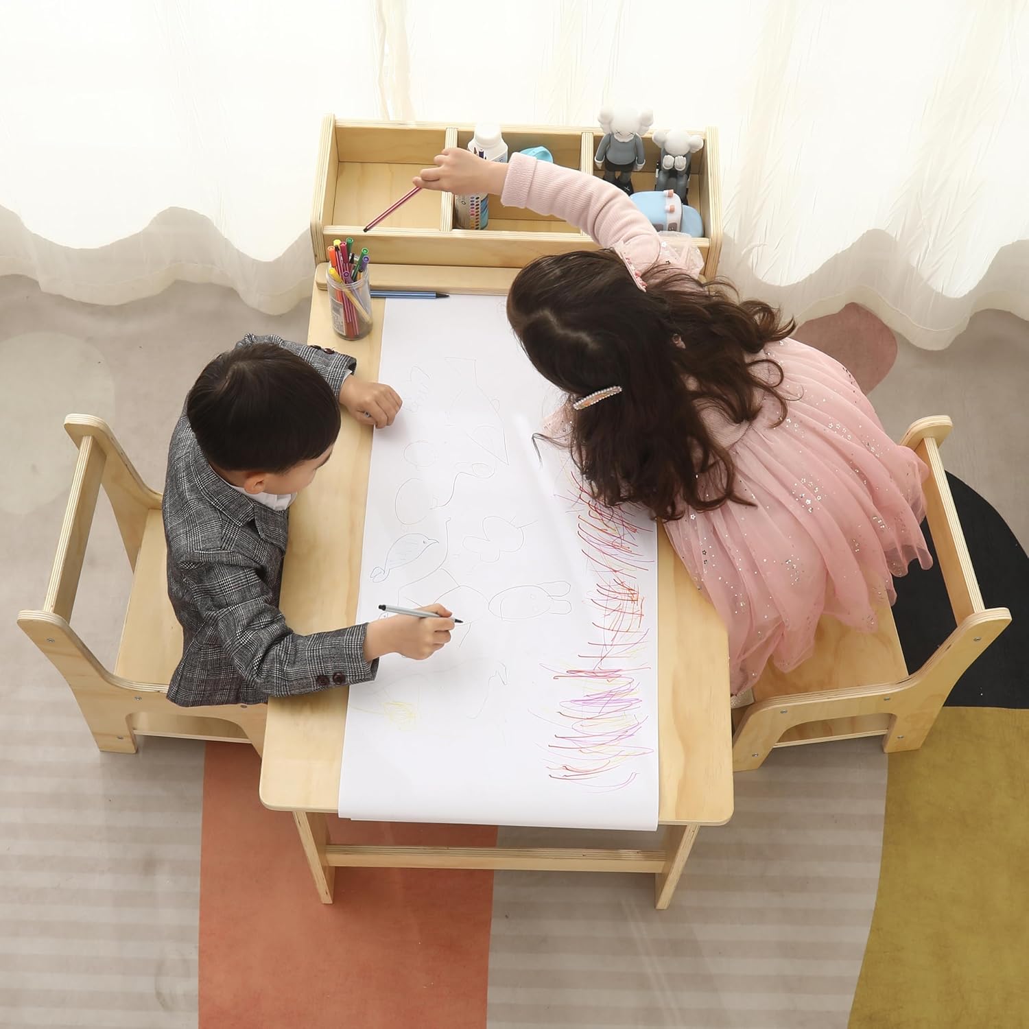 Kids Art Table and Chair Set with Storage Shelves