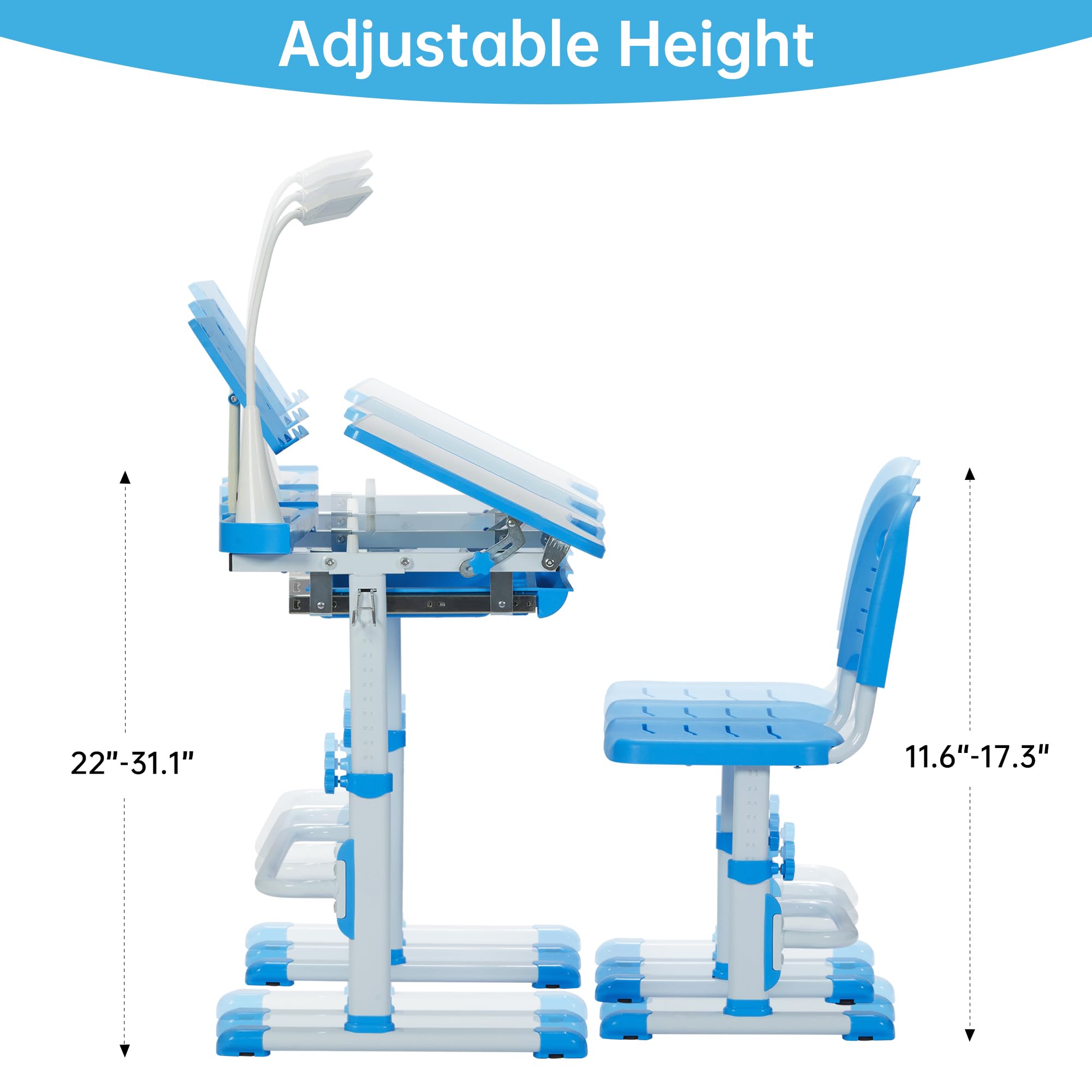Kids Desk and Chair Set with Tiltable Desktop and LED Light