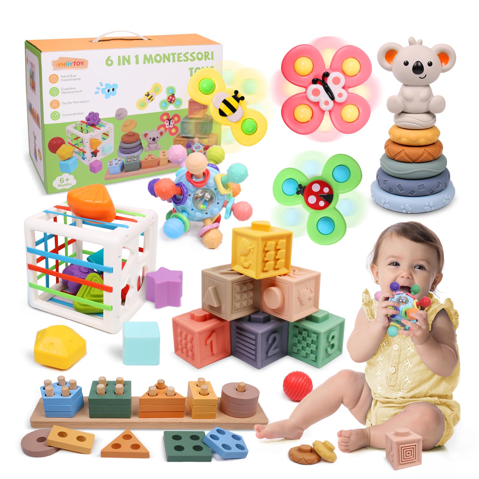 6 in 1 Baby Toys 6 to 12 Months, Montessori Toy for Toddlers 1-3, Infant Teething Babies Toy