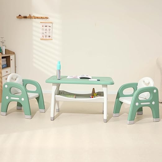 Kids Table and 2 Chairs Set, Toddler Activity Table Set with Storage Shelf