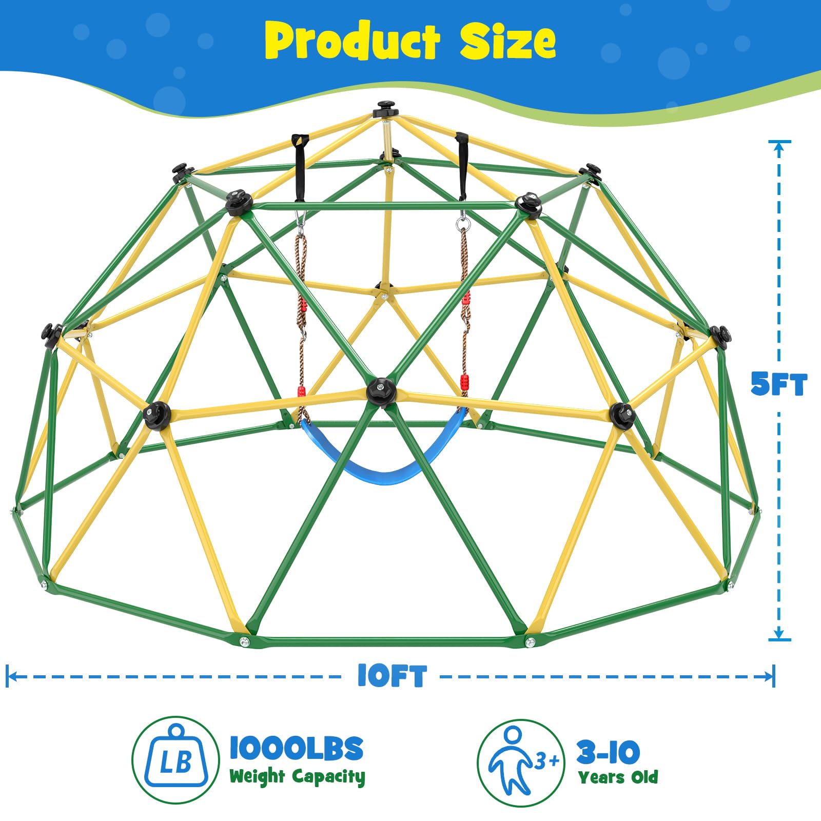 10FT Climbing Dome with Hammock & Swing for Kids