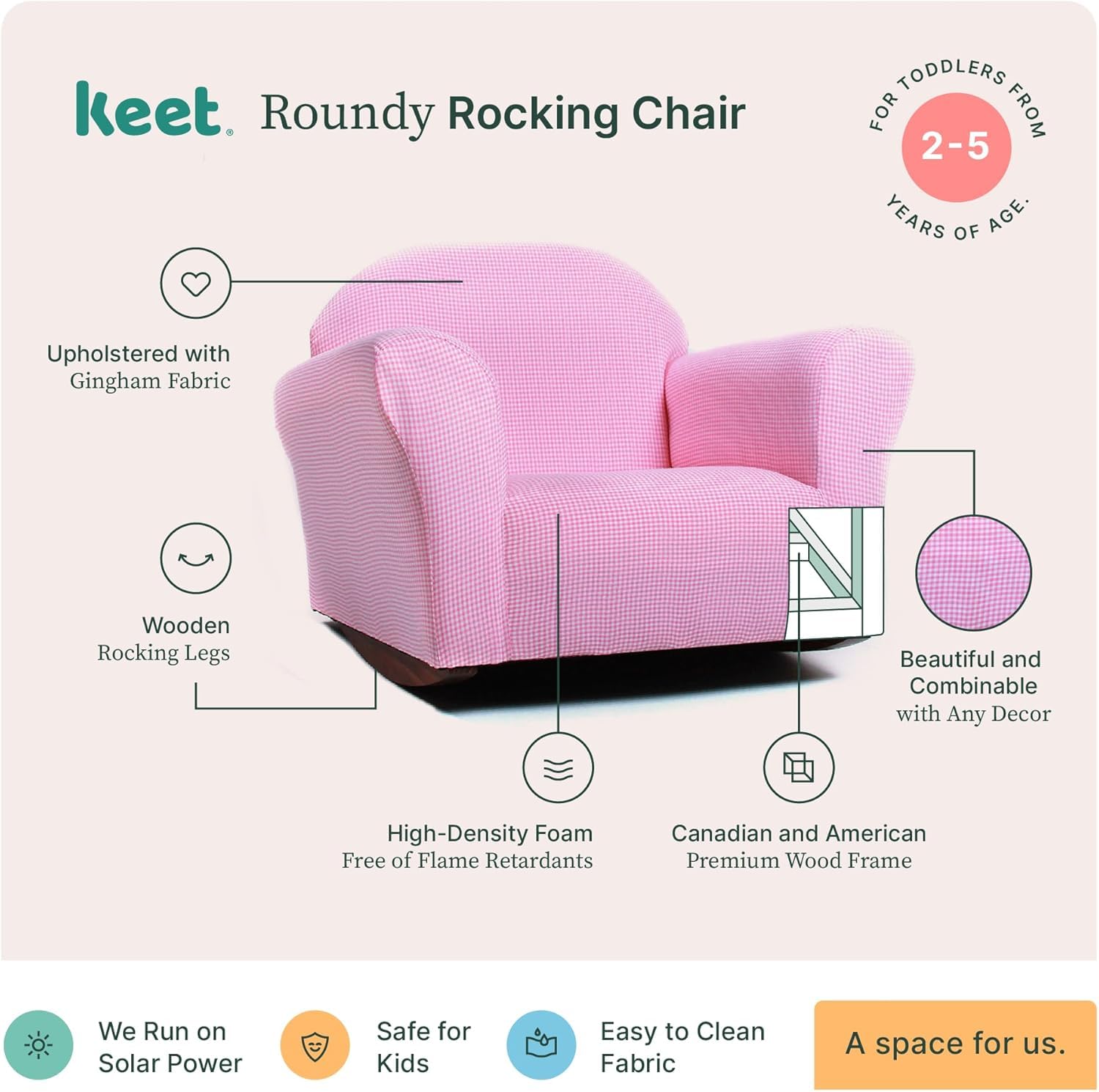 Kids Gingham Rocking Chair Pink Microsuede Ages 2-5