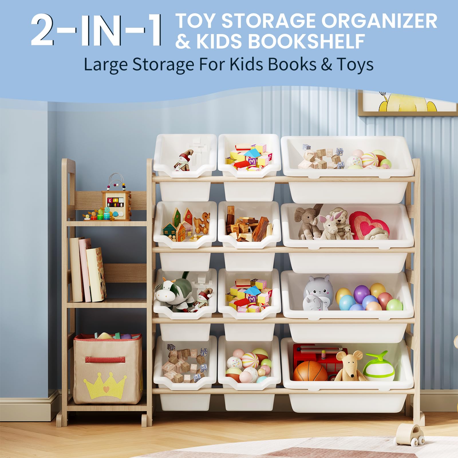 Toy Storage Organizer with Bookshelf and 12 Bins