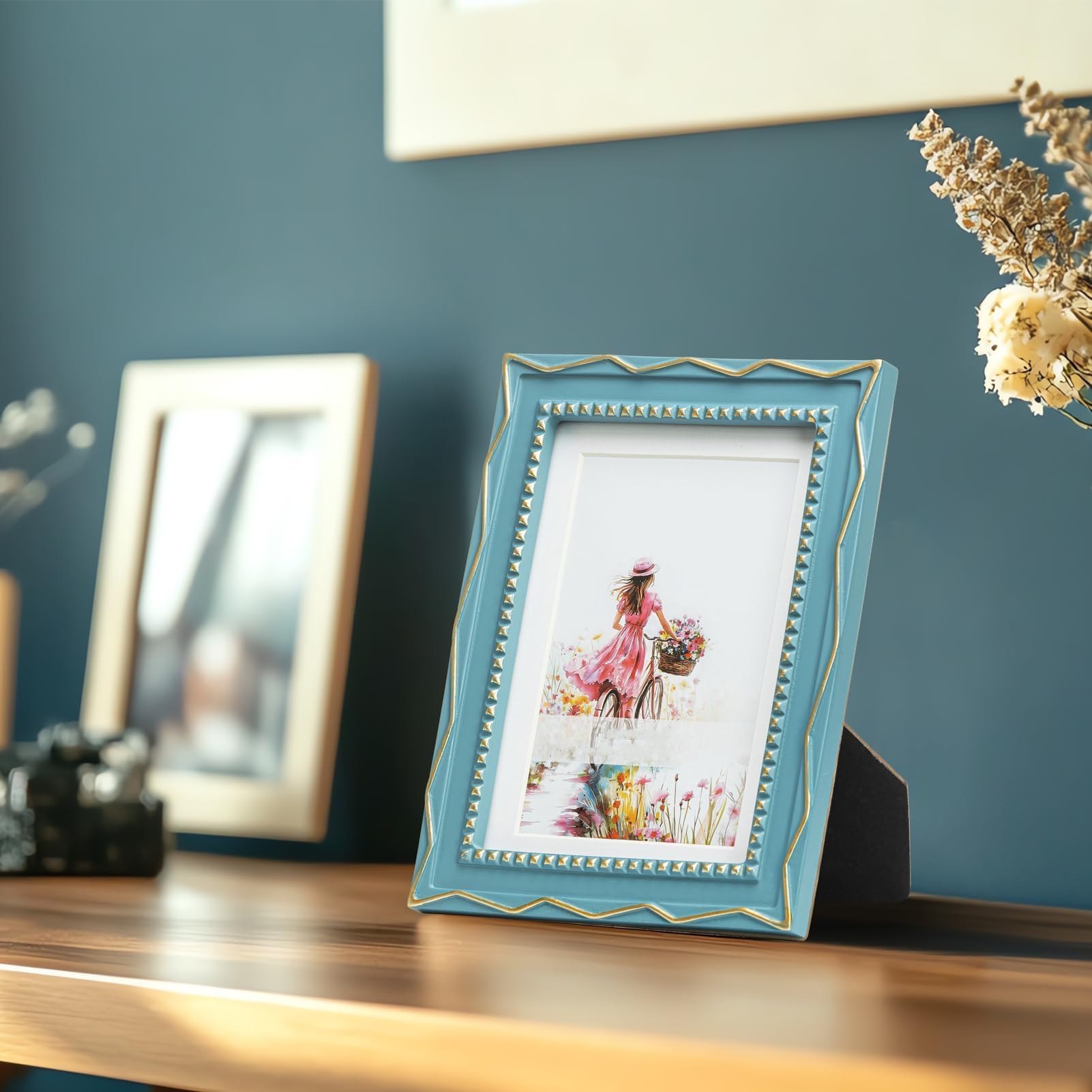 5x7 Picture Frame, Gold Beads & Swirls Against Muted Blue