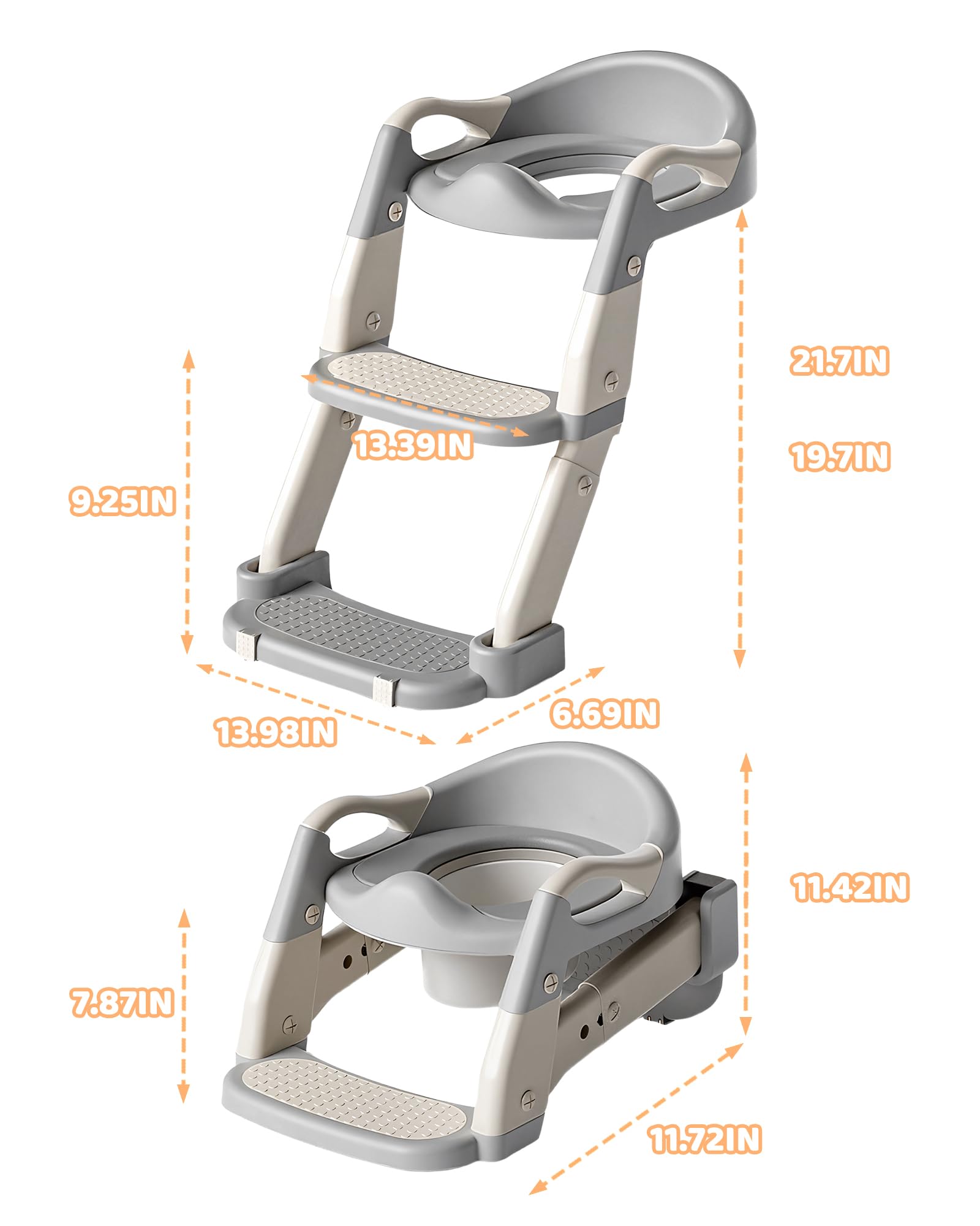 3-in-1 Potty Training Seat & Training Toilet & Potty Chair, Height Adjustable Toddler Toilet Seat for Kids Boys Girls, Foldable Potty Training Toilet with Splash Guard and Anti-Slip Steps