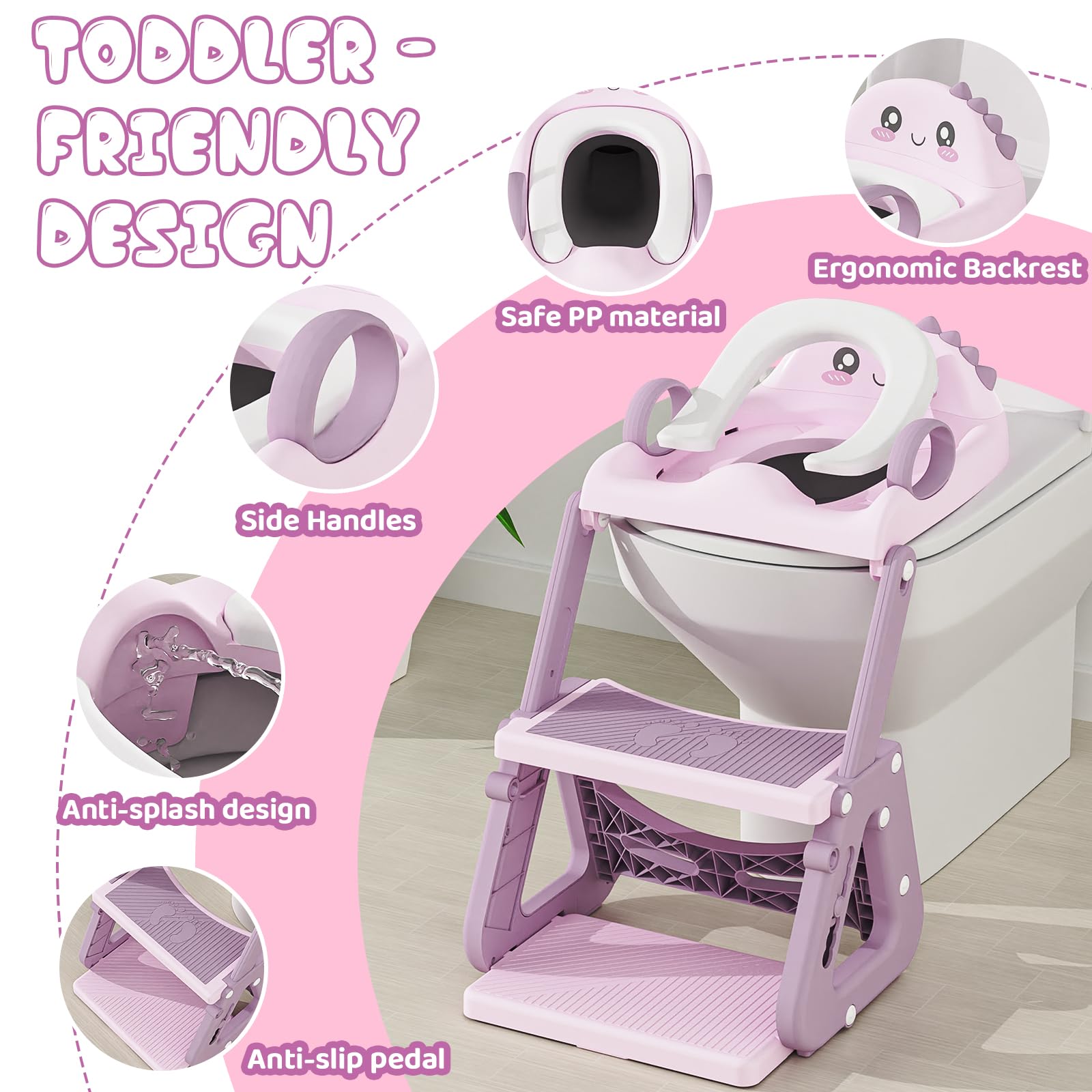 Potty Training Seat, Upgrade 2 in 1 Potty Training Toilet with Step Stool Foldable Toddler Toilet Seat for Kids Boys Girls Toddler Potty with Splash Guard Anti-Slip Pad Adjustable Ladder & Seat Height