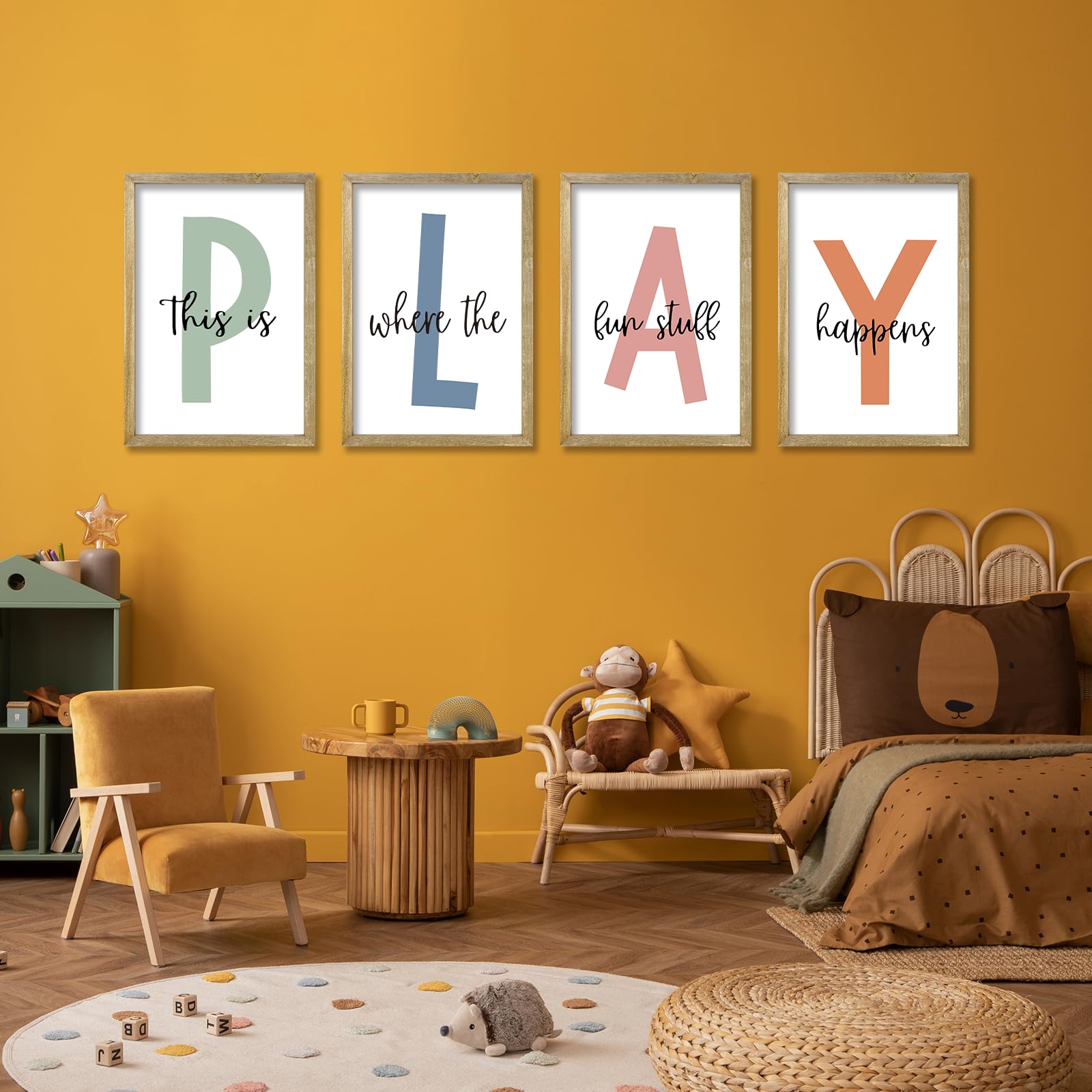 Kids Playroom Wall Art Decor Rustic Wood Framed Sign Set of 4
