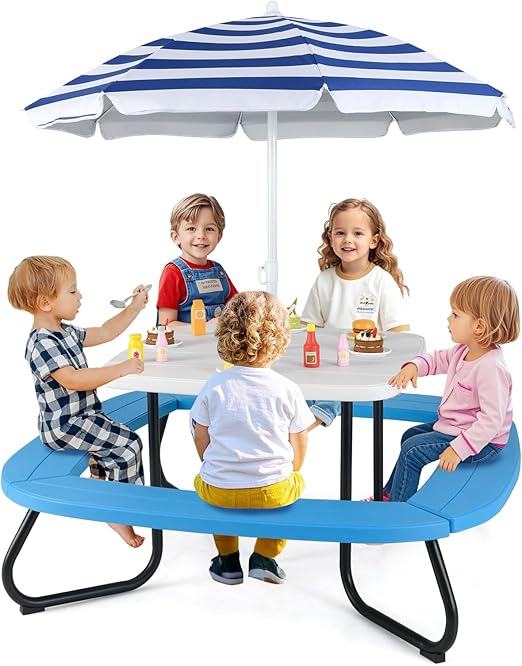 Kids Picnic Table, 8 Person Toddler Outdoor Table and Chair Set, 4 Built-in Benches