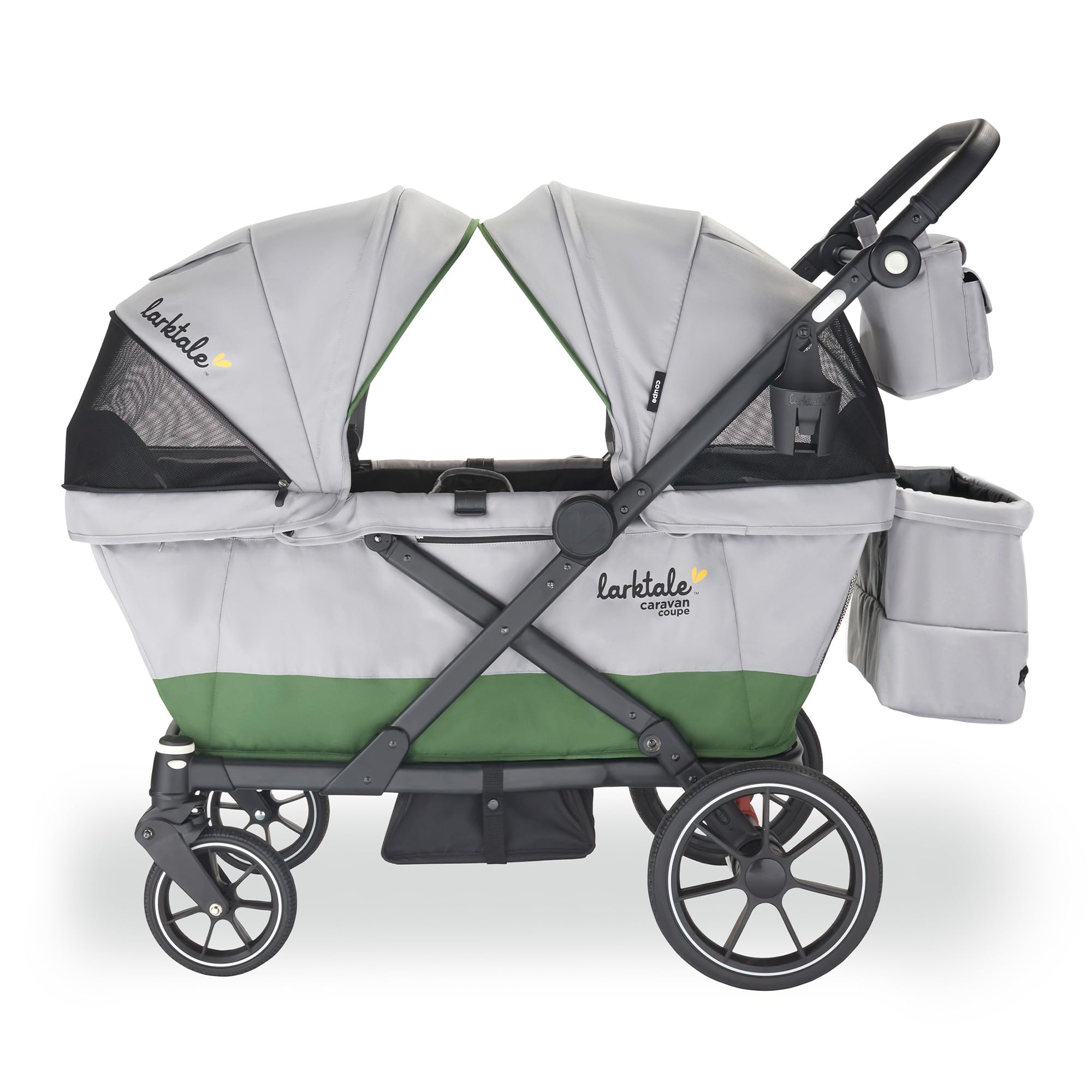 Caravan Coupe Quad, Compact Stroller Wagon with Reclining Seats for 4 Kids, Gray/Green
