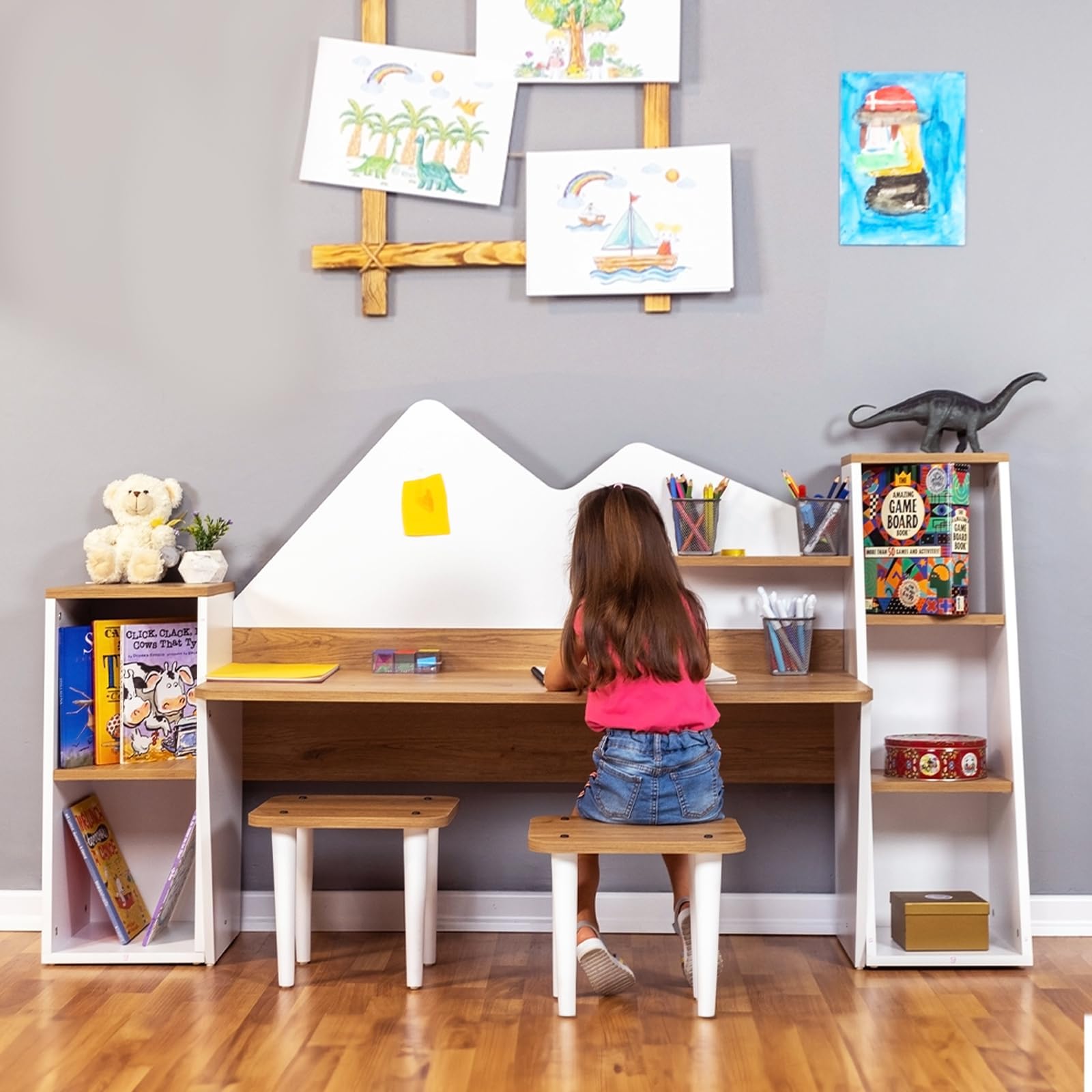 Kid's Study Desk with Bookshelf + 2 Stools for Ages 3-8