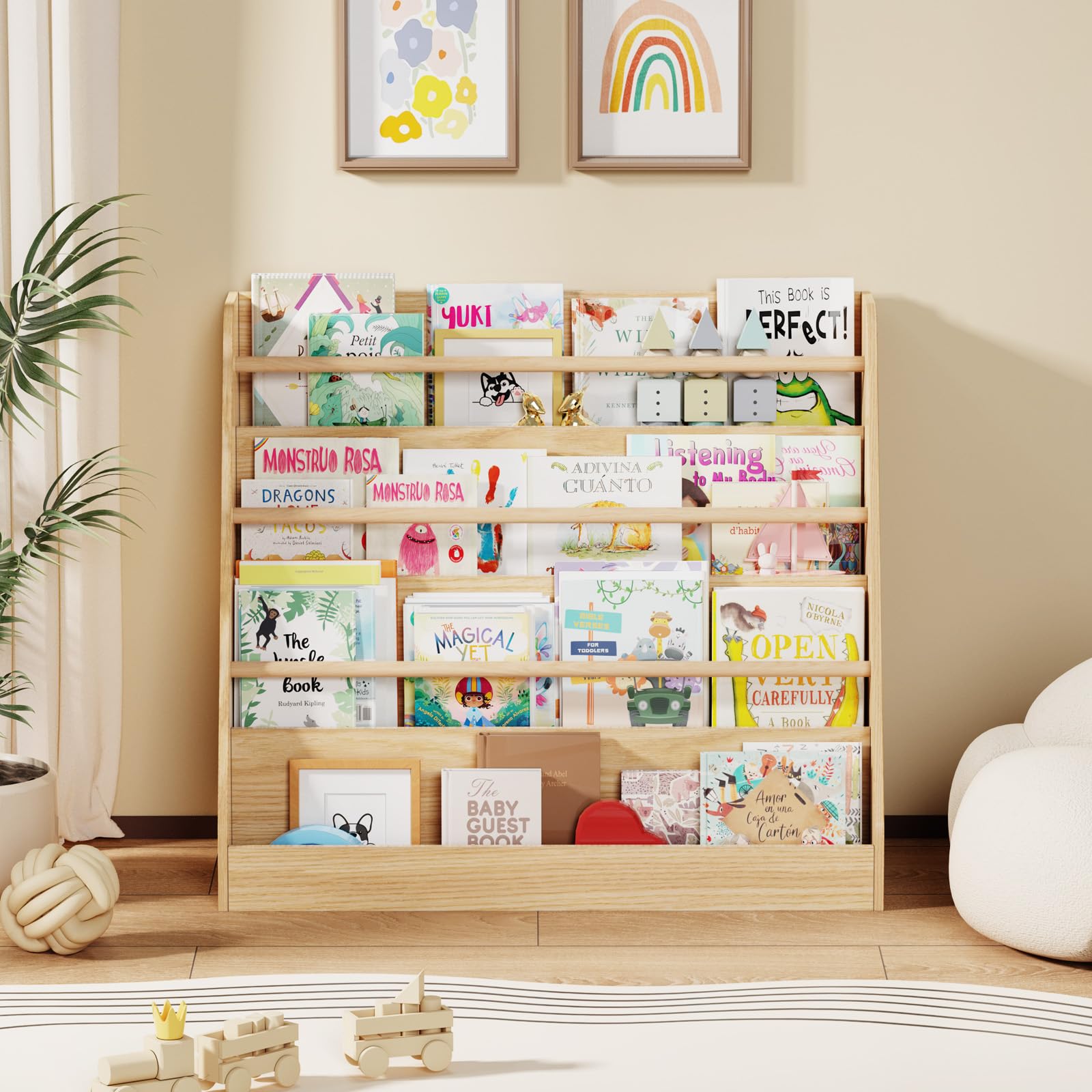 Kids Bookshelf,Kids Wooden 4 Tier Book Display Shelf,Montessori Bookcase Kid Room