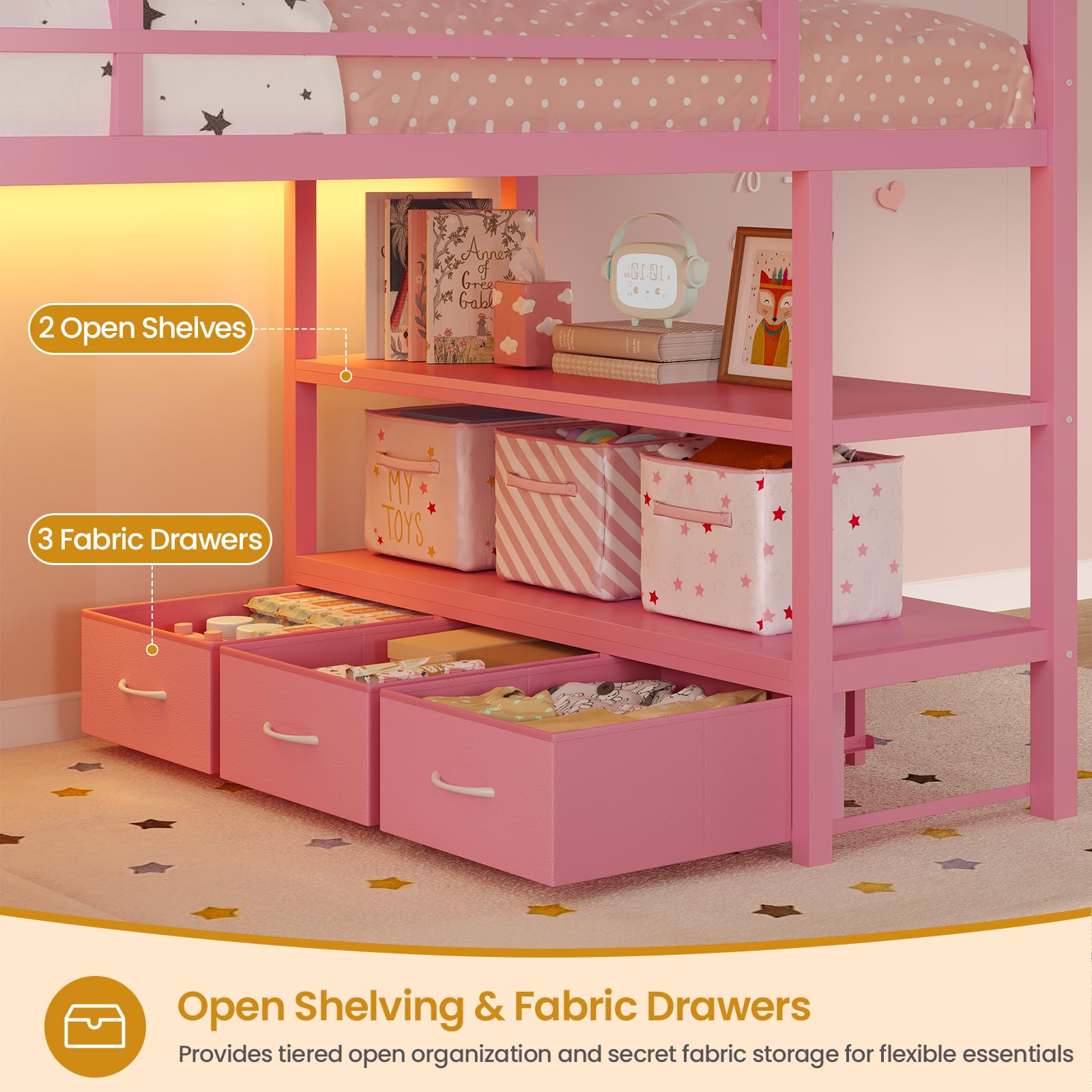 Twin Loft Bed with Storage Drawers and LED Lights