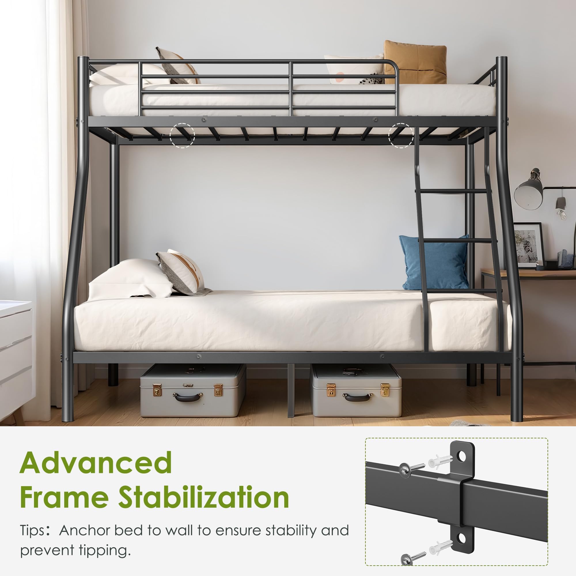 Twin Over Full Bunk Bed with Guardrail and Ladder