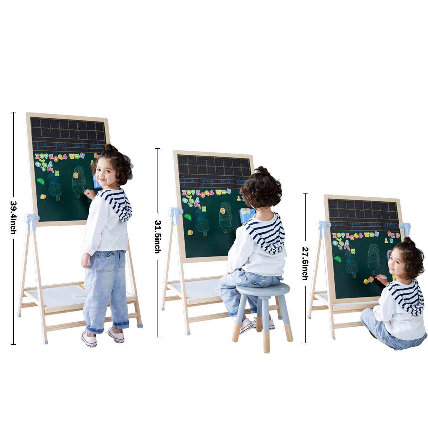 QZMTOY Kids Art Easel, Deluxe Standing Easel Set, Adjustable Art Table, Dry Erase Board&Chalkboard Double Sided Stand, 360°Rotating Drawing Easels with Art Supplies, Adjust Height 28-39in
