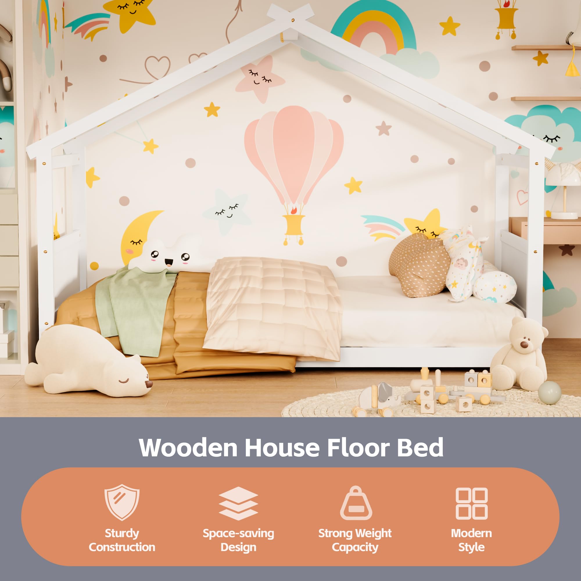 Twin Floor House Bed, Wood Twin Floor Bed Frame with Headboard & Footboard