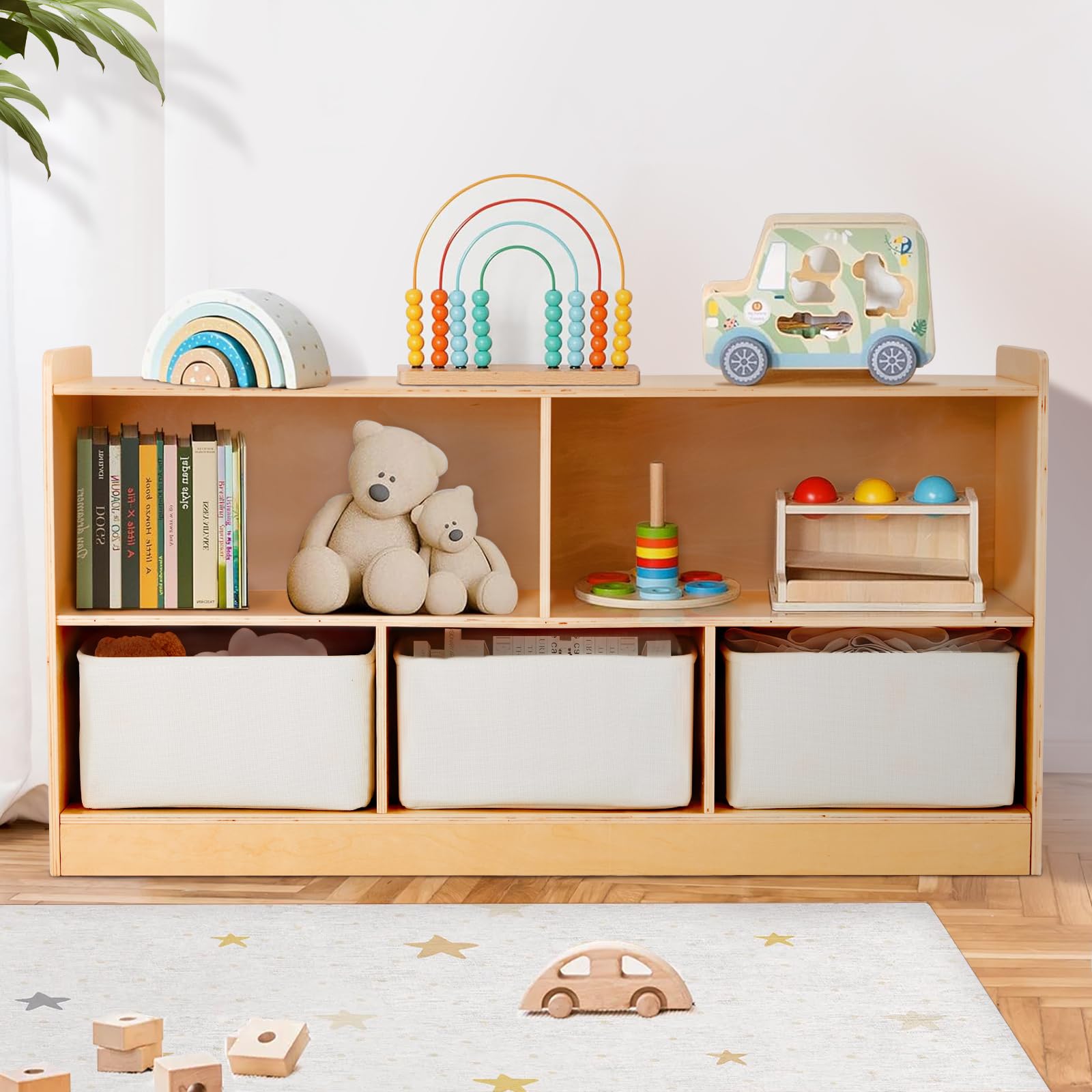 Wooden Toy Storage Organizer with Bookshelf - 5 Section Cabinet for Kids Room