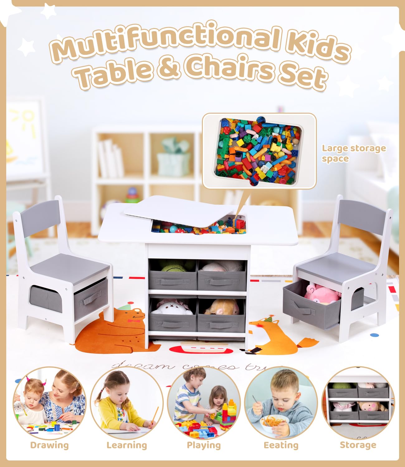 Kids Table and Chair Set with Storage Bins