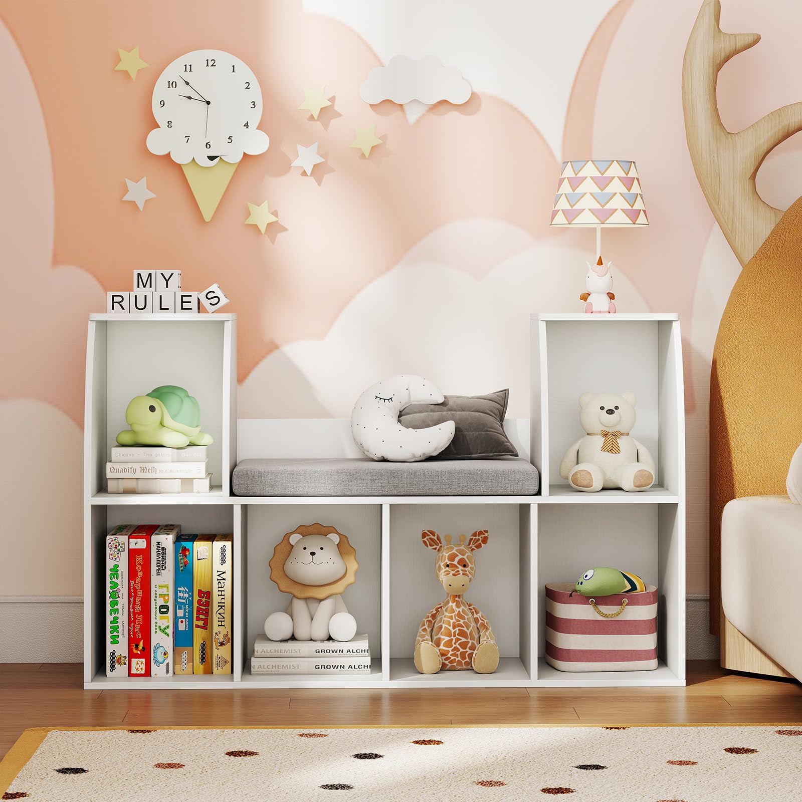 Kids Bookshelf with Reading Nook and Storage Bench