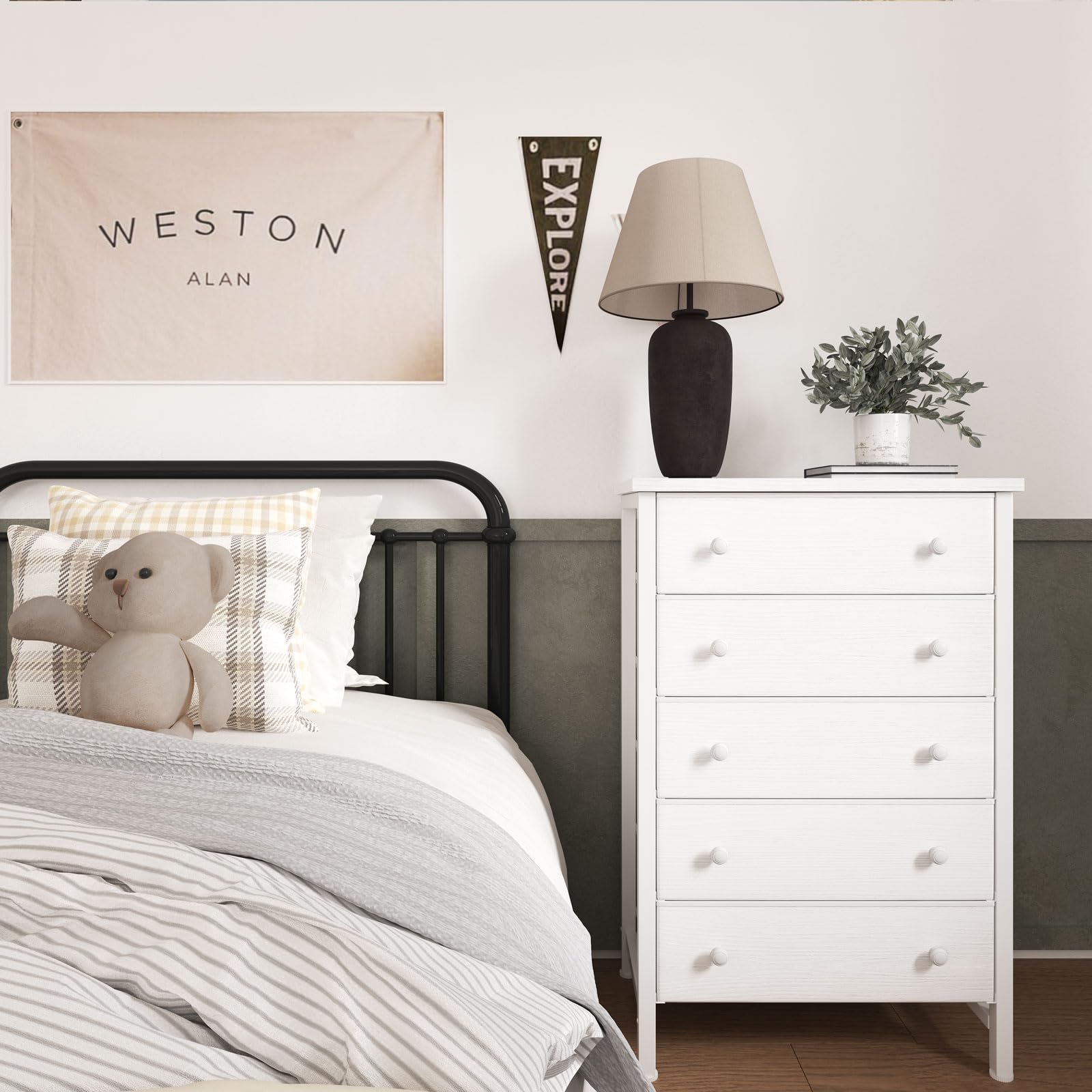 5-Drawer Fabric Dresser with Wood Grain Top