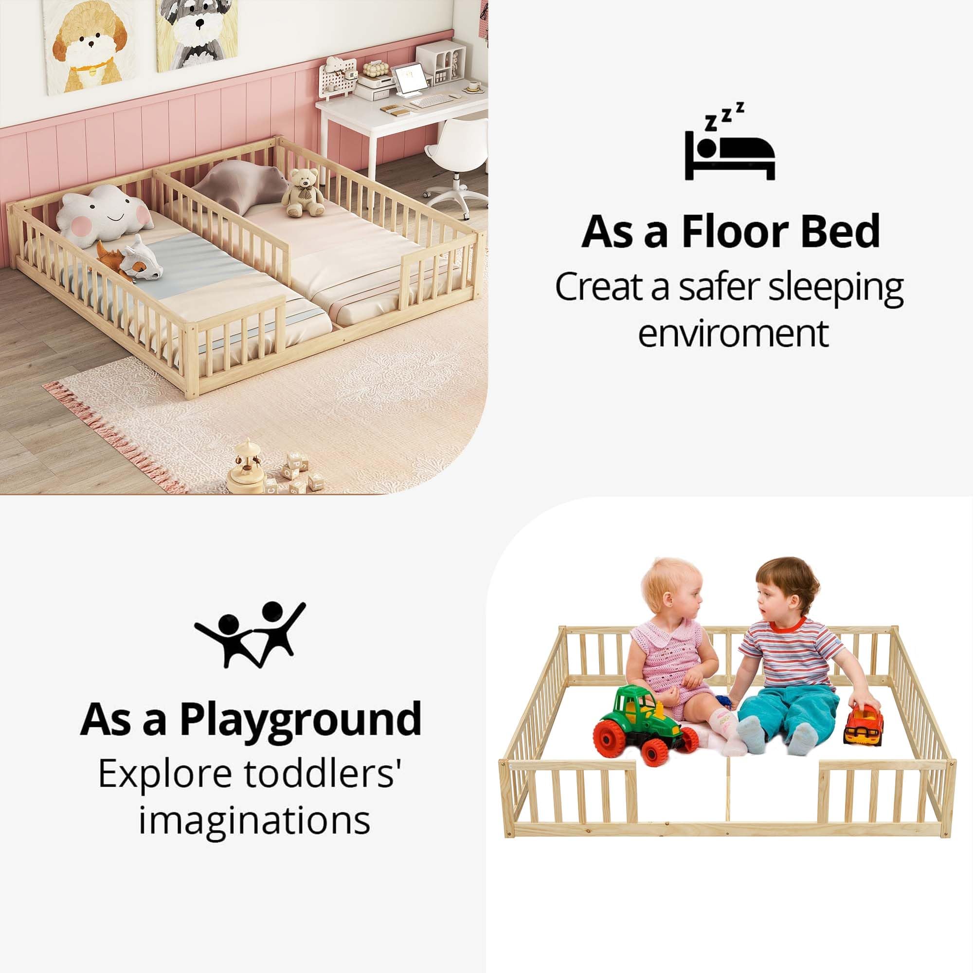 Montessori Floor Bed for 2 Kids with Fence Railings