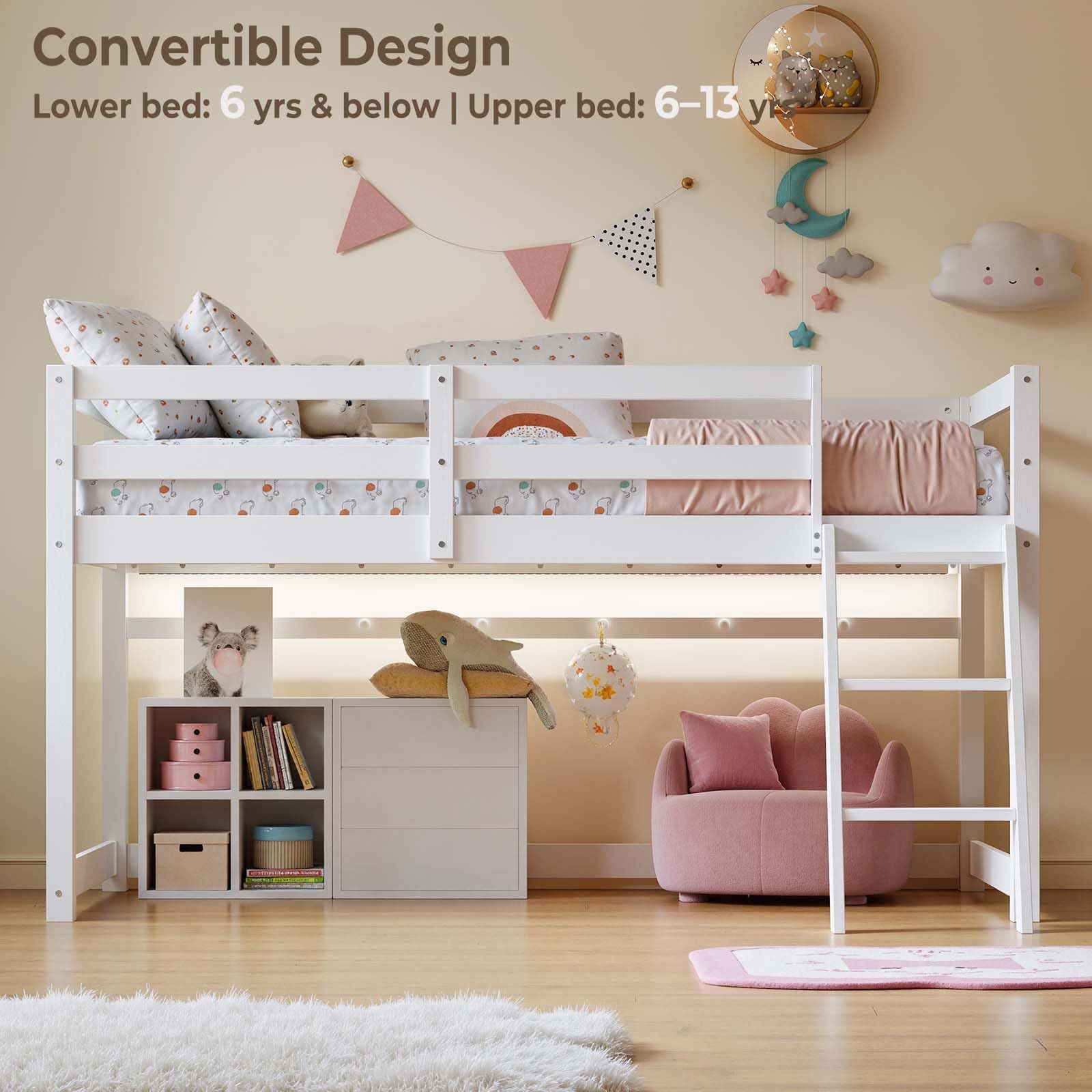 Twin Over Twin Low Bunk Bed with LED Light and Wide Stairs