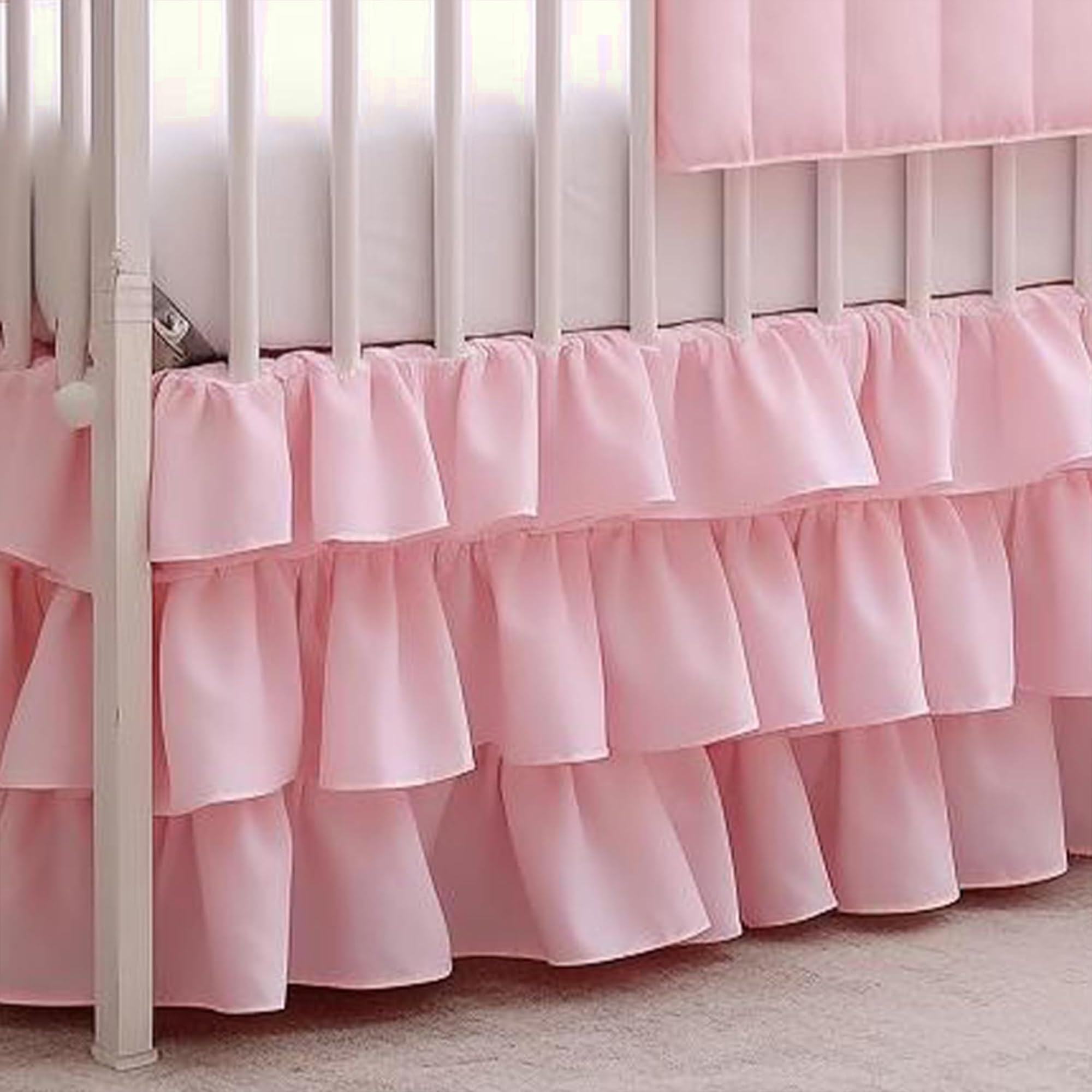 Ruffled Crib Bed Skirt: 3 Tiered Ruffled Crib Skirt Baby Girl Nursery Toddler Bedding Dust Ruffle, 17.7" Deep Drop- Fits Standard Cribs,28"x 52" (Pink)