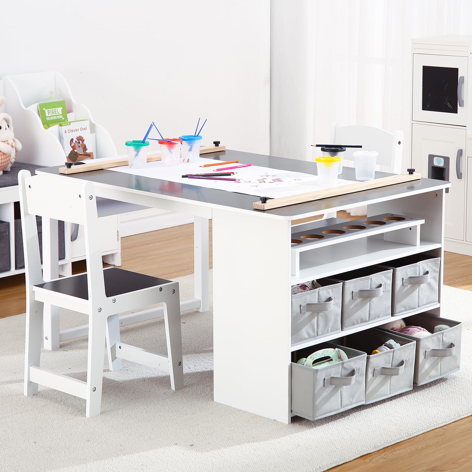 4 In 1 Kids Art Table and Chair Set,Toddler Craft Large Storage Desk