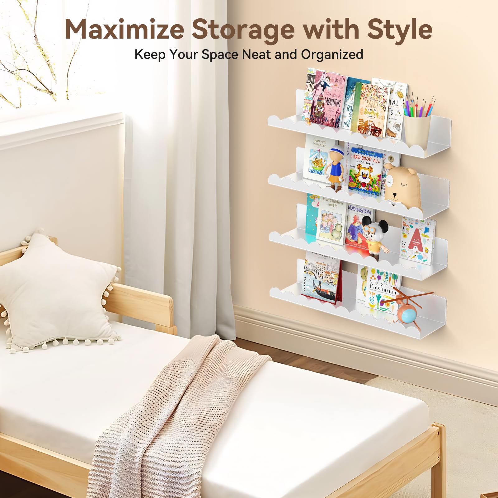 17 Inch Metal Floating Wall Shelves 4 Pack Scalloped Nursery Book Shelf