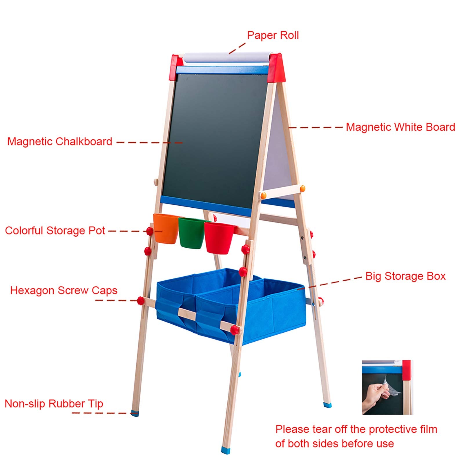 ERYOK Kid's Art Easel with Adjustable Double-sided Magnetic Board, Paper Roll, Storage and Accessories, Standing Art Easel for Kids (31-55.5 inches)