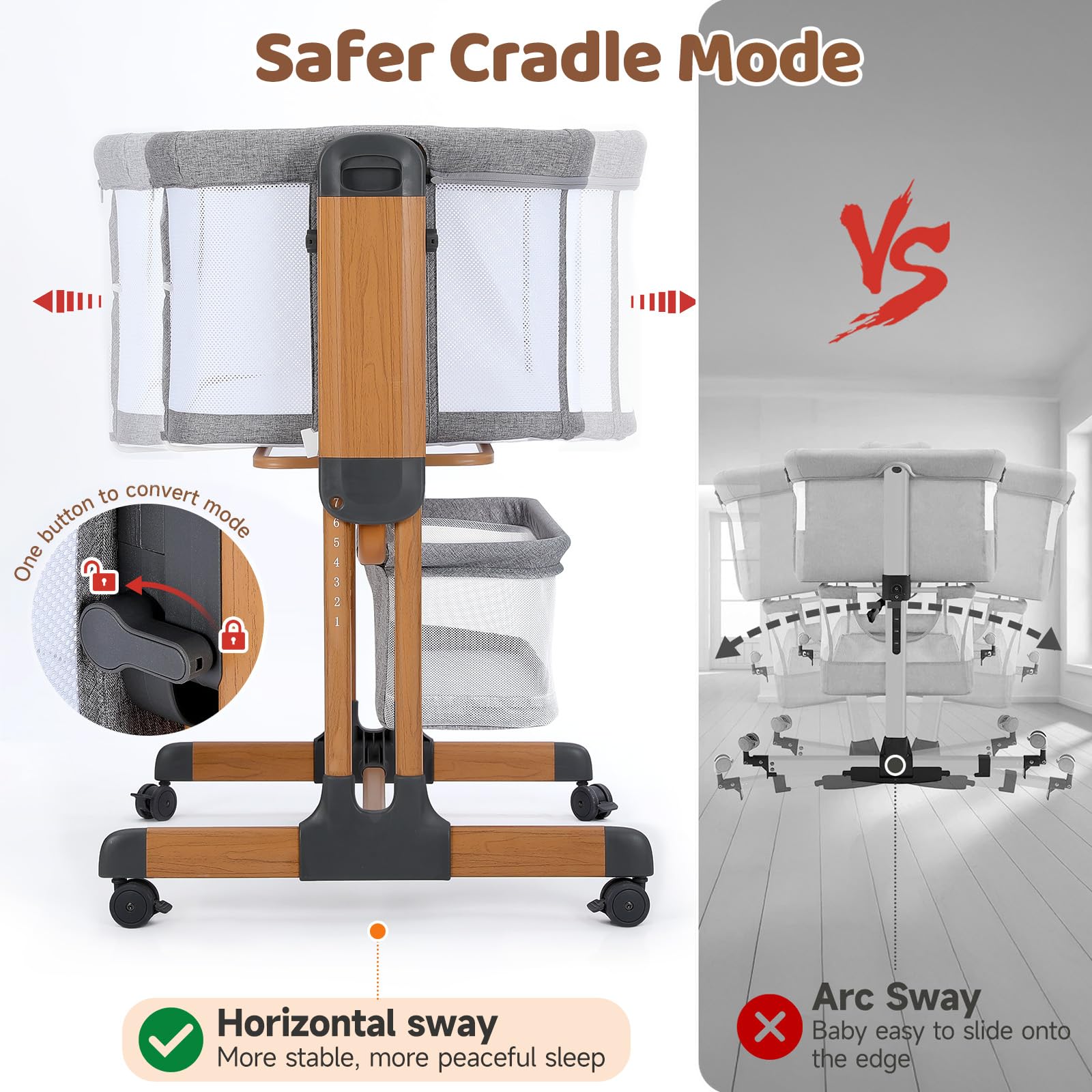 3-in-1 Rocking Bassinet with Wheels and Storage