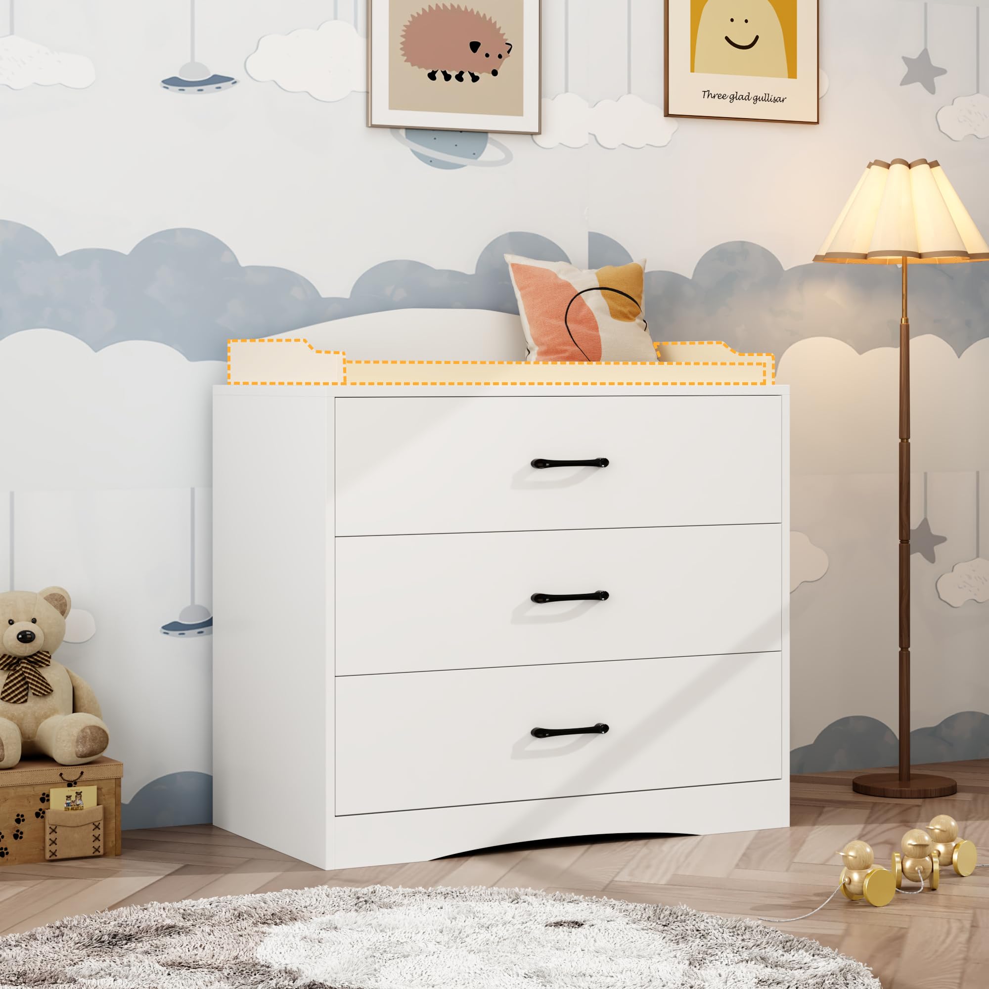 3 Drawer Nursery Dresser, Baby Dresser with Changing Topper